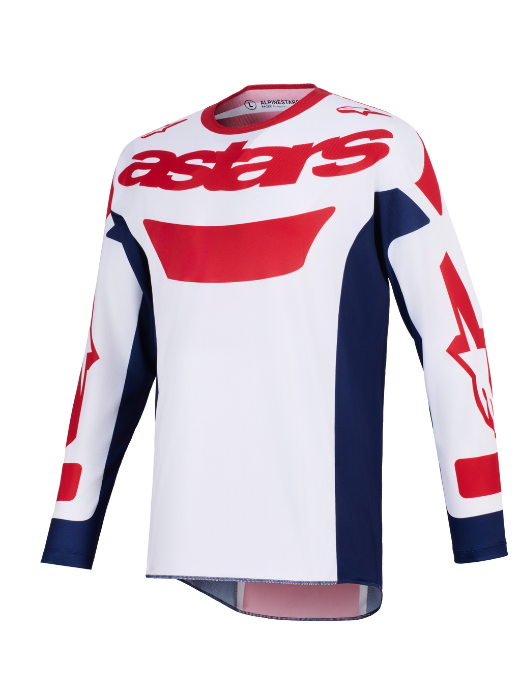 Alpinestars 2026 Racer Riway trøje, motocross-trøje, hvid, blå og rød, rødt astars-logo på brystet, navyblå sidepaneler, lange ærmer med rød grafik, performance off-road køreudstyr