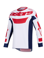 Alpinestars 2026 Racer Riway trøje, motocross-trøje, hvid, blå og rød, rødt astars-logo på brystet, navyblå sidepaneler, lange ærmer med rød grafik, performance off-road køreudstyr