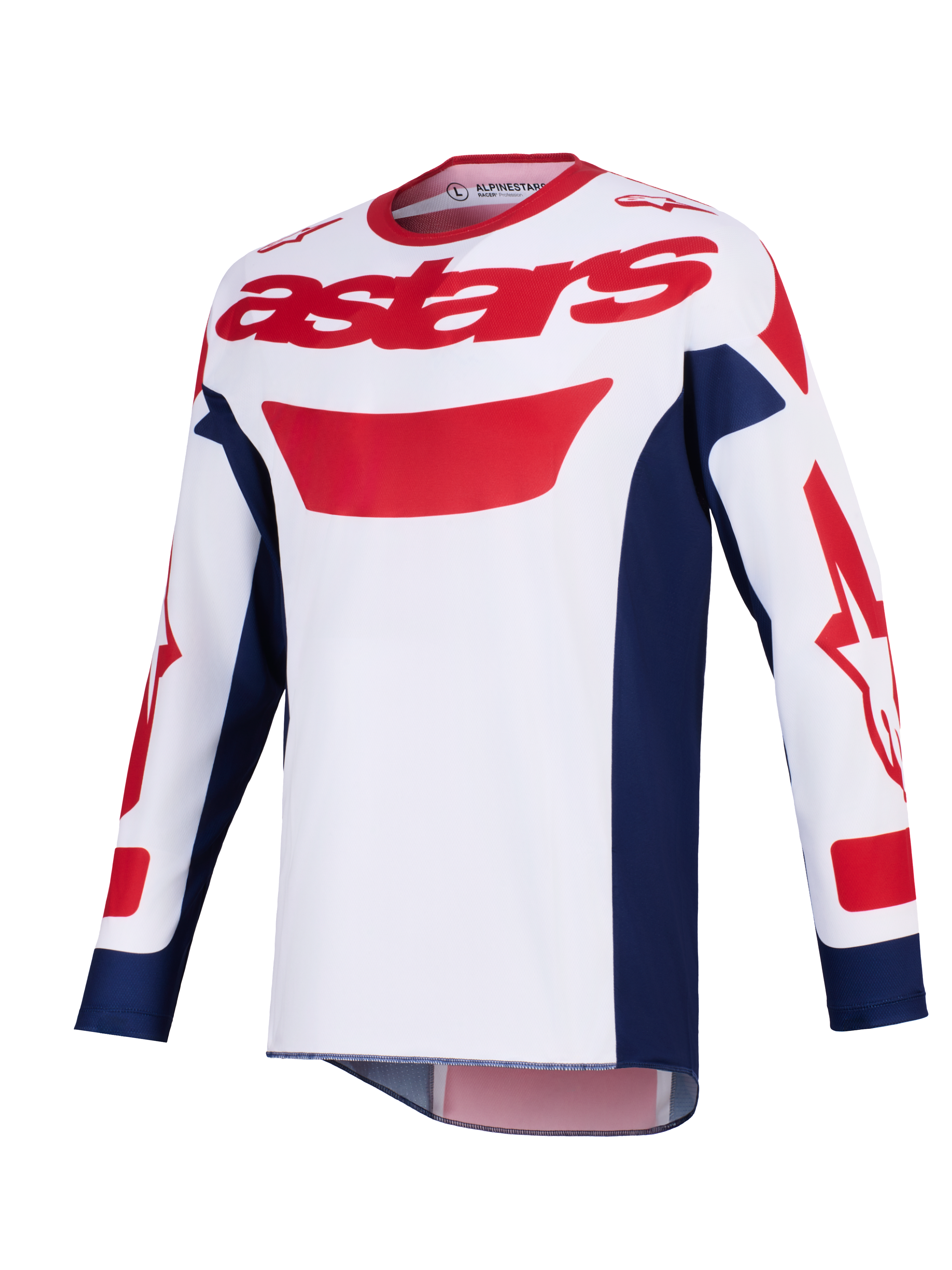 Alpinestars 2026 Racer Riway trøje, motocross-trøje, hvid, blå og rød, rødt astars-logo på brystet, navyblå sidepaneler, lange ærmer med rød grafik, performance off-road køreudstyr