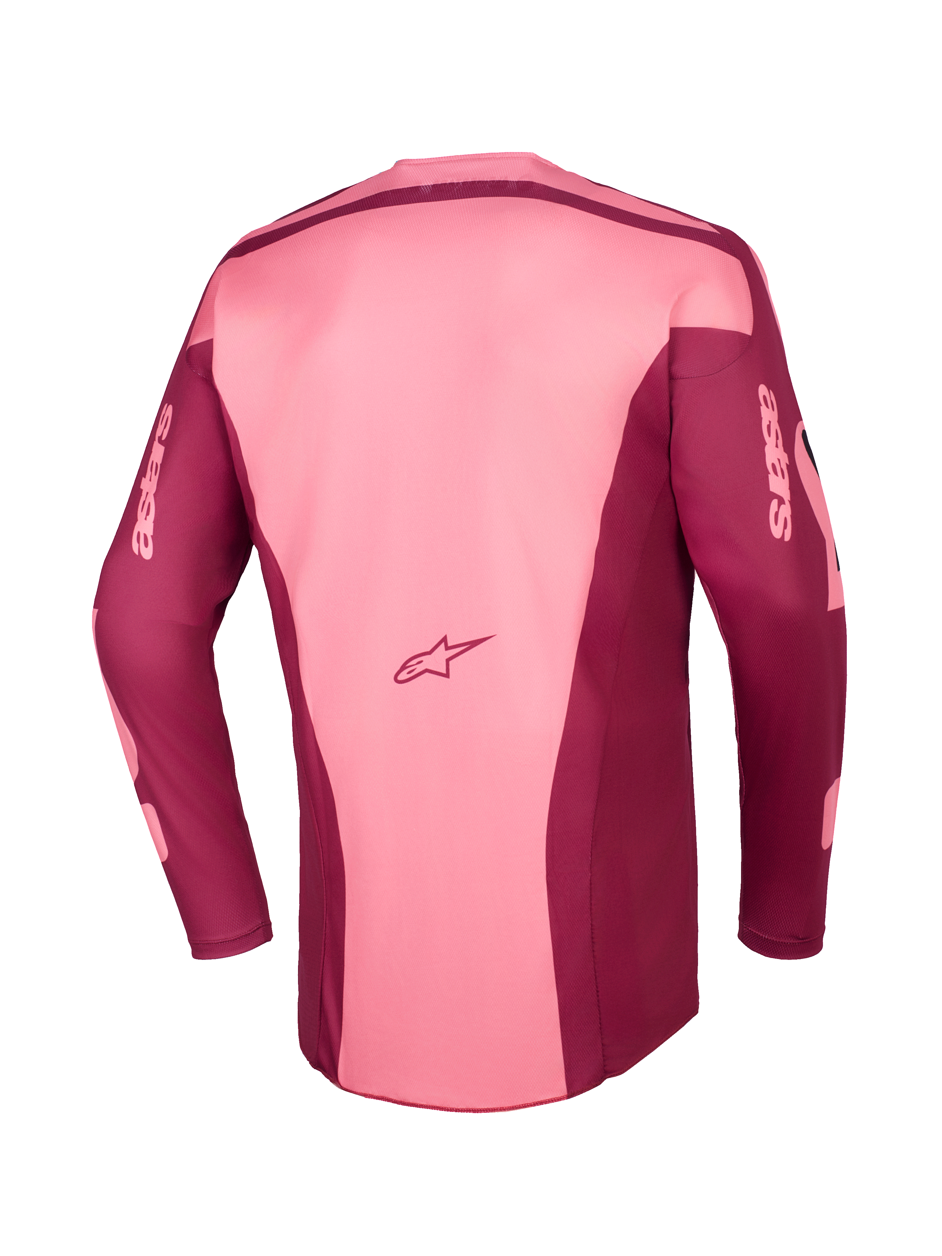 Alpinestars 2026 Racer Riway Jersey, motocross trøje, Dark Red Coral, set bagfra med multi-panel konstruktion, Astars-logo på den nederste del af ryggen og Astars-branding på de lange ærmer, performance off-road udstyr