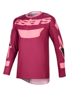 Alpinestars 2026 Racer Riway trøje, motocross-trøje, Dark Red Coral, med lyserød "astars"-tekst på brystet og grafiske detaljer på ærmerne, langærmet teknisk køreudstyr til off-road kørsel