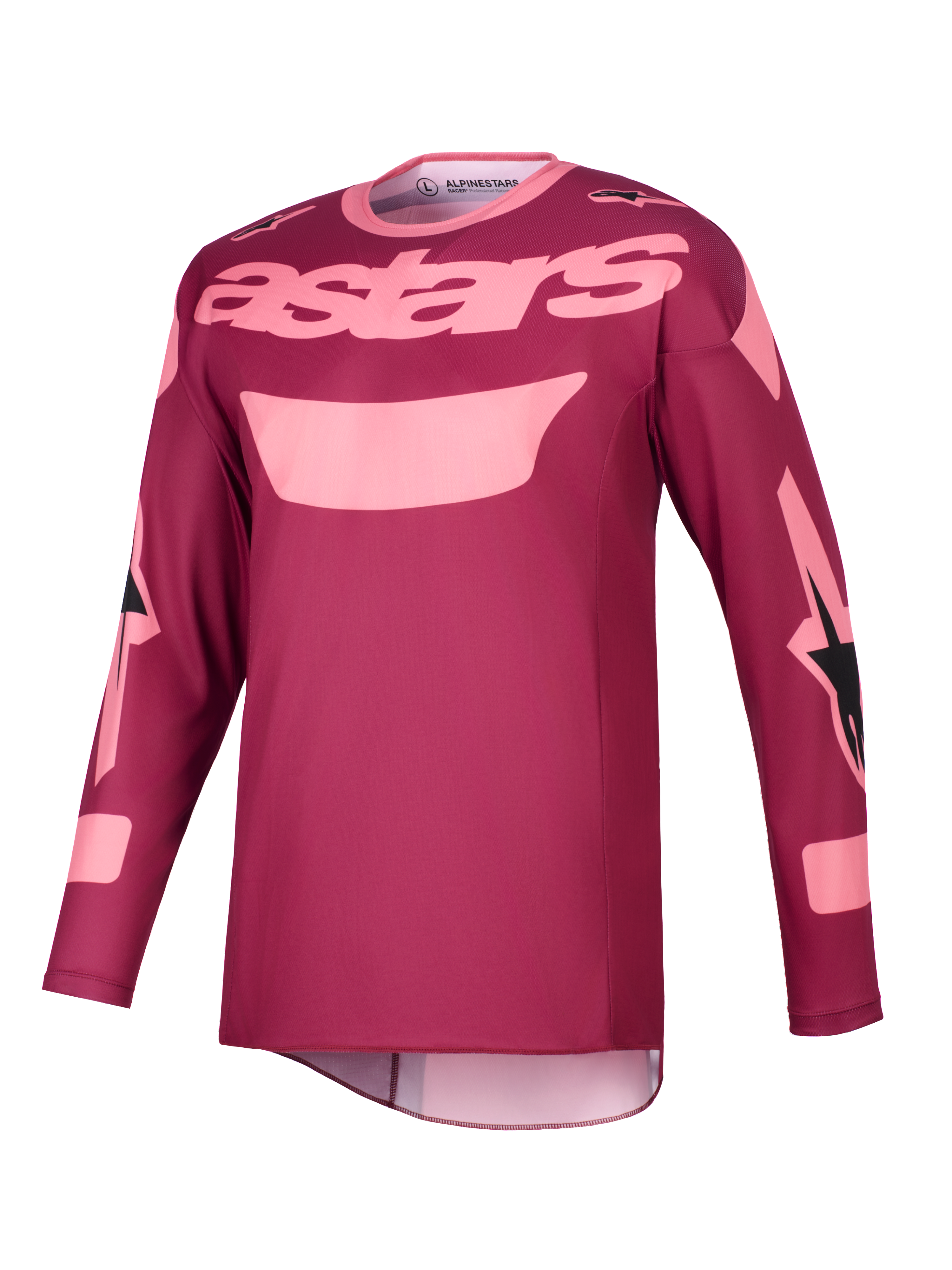 Alpinestars 2026 Racer Riway trøje, motocross-trøje, Dark Red Coral, med lyserød "astars"-tekst på brystet og grafiske detaljer på ærmerne, langærmet teknisk køreudstyr til off-road kørsel
