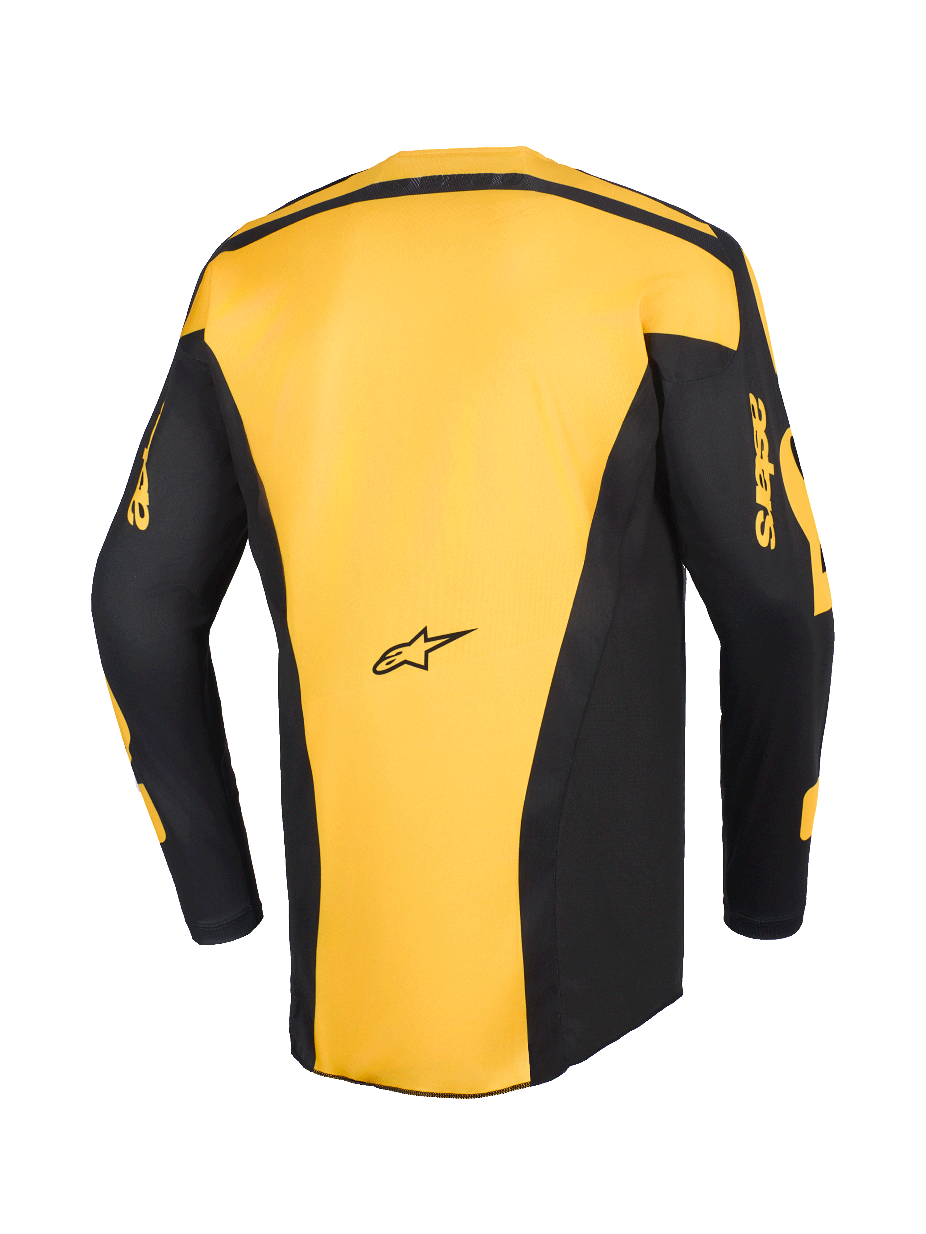 Alpinestars 2026 Racer Riway Jersey, motocross-trøje, gul og sort, set bagfra med gult midterpanel og sorte ærmer med gul 'astars' branding, ergonomisk design til off-road kørsel