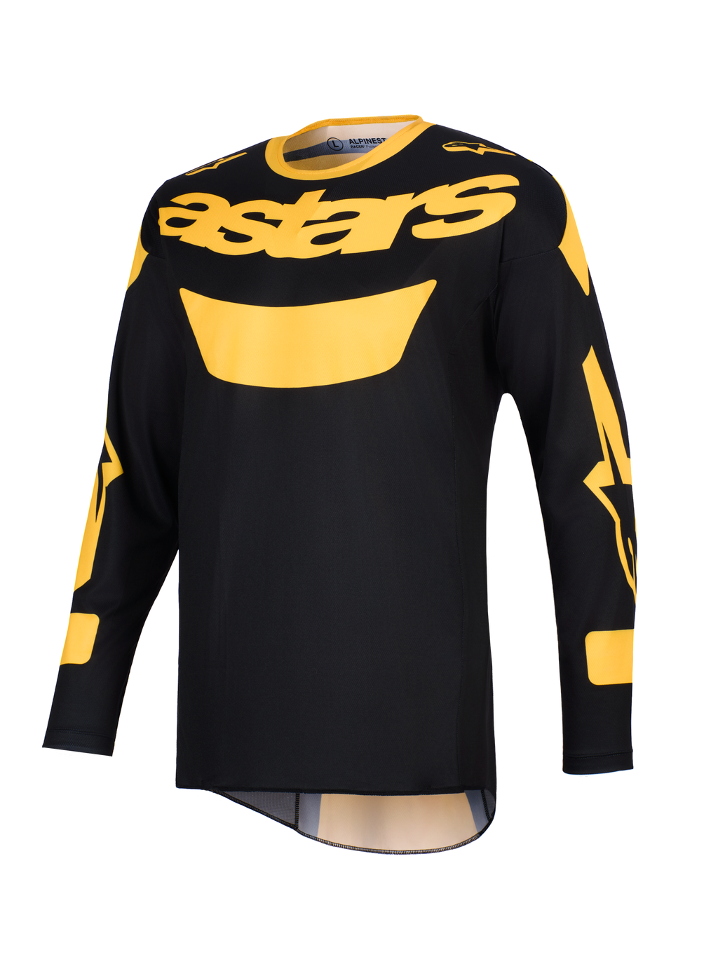 Alpinestars 2026 Racer Riway Jersey, motocross-trøje, gul og sort, med et markant gult 'astars'-logo på brystet, lange ærmer med grafiske detaljer og en letvægts polyfabric-konstruktion til off-road kørsel.