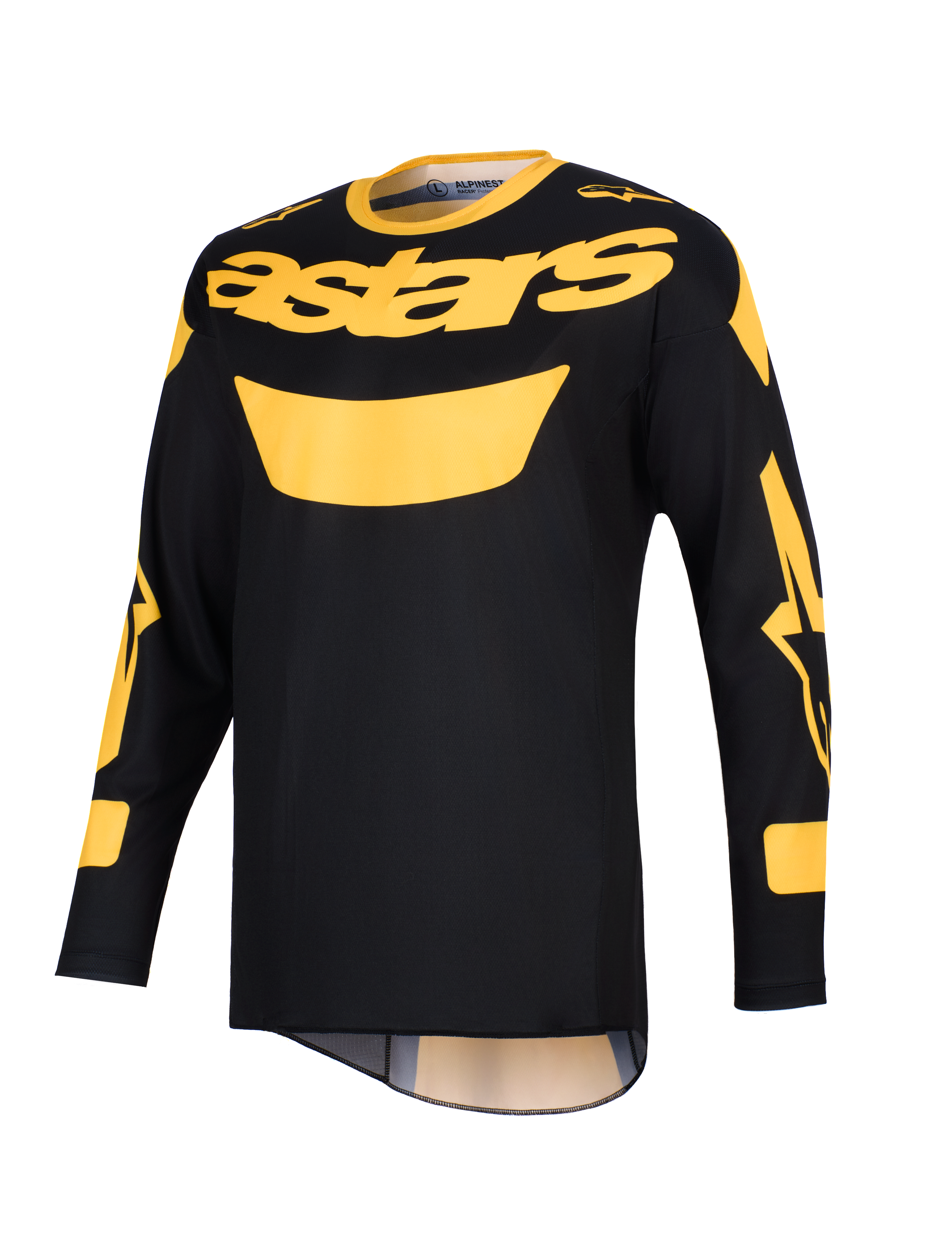 Alpinestars 2026 Racer Riway Jersey, motocross-trøje, gul og sort, med et markant gult 'astars'-logo på brystet, lange ærmer med grafiske detaljer og en letvægts polyfabric-konstruktion til off-road kørsel.