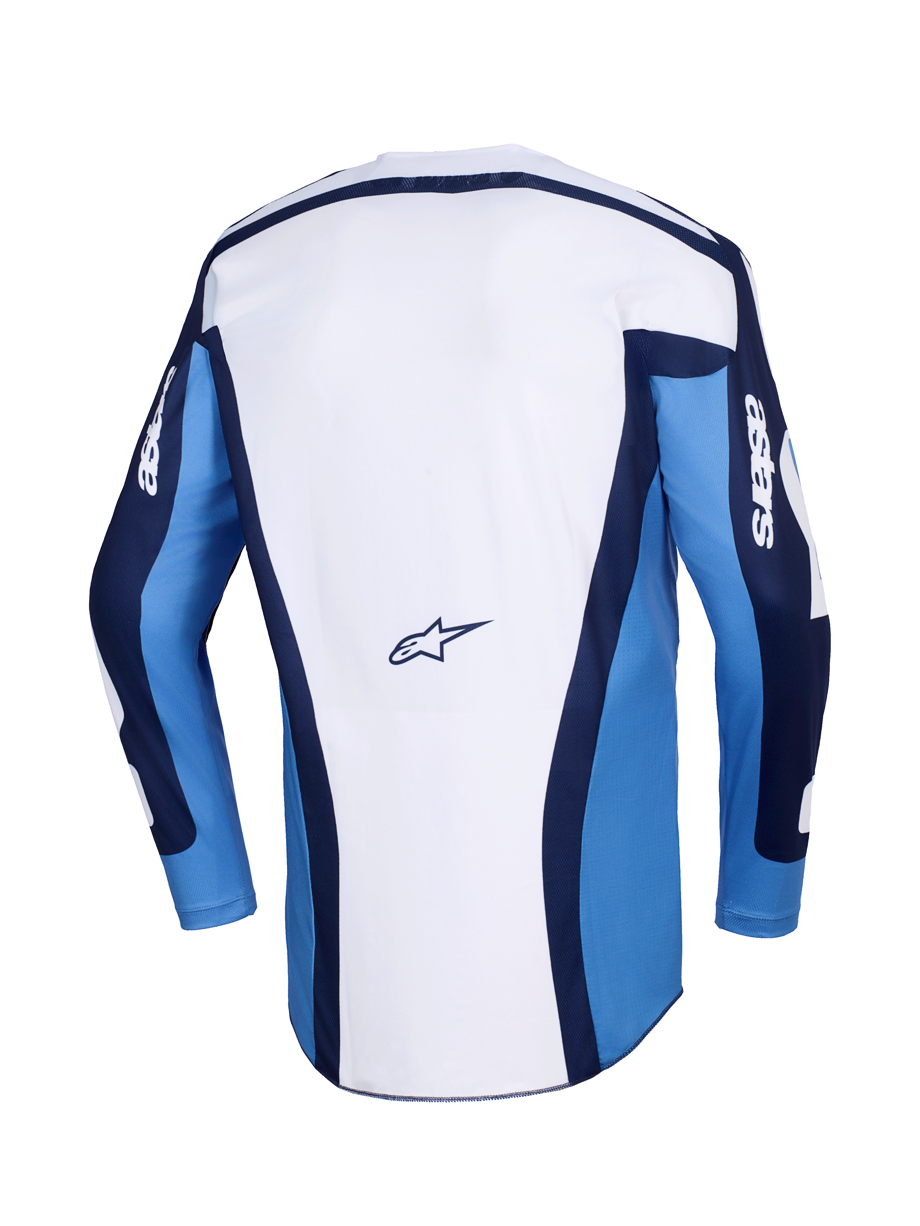 Alpinestars 2026 Racer Riway trøje, motocross trøje, UCLA Blue og hvid, set bagfra med et hvidt hovedpanel, blå ærmer og mørkeblå detaljer, lille Alpinestars-logo nederst på ryggen, atletisk pasform til off-road kørsel
