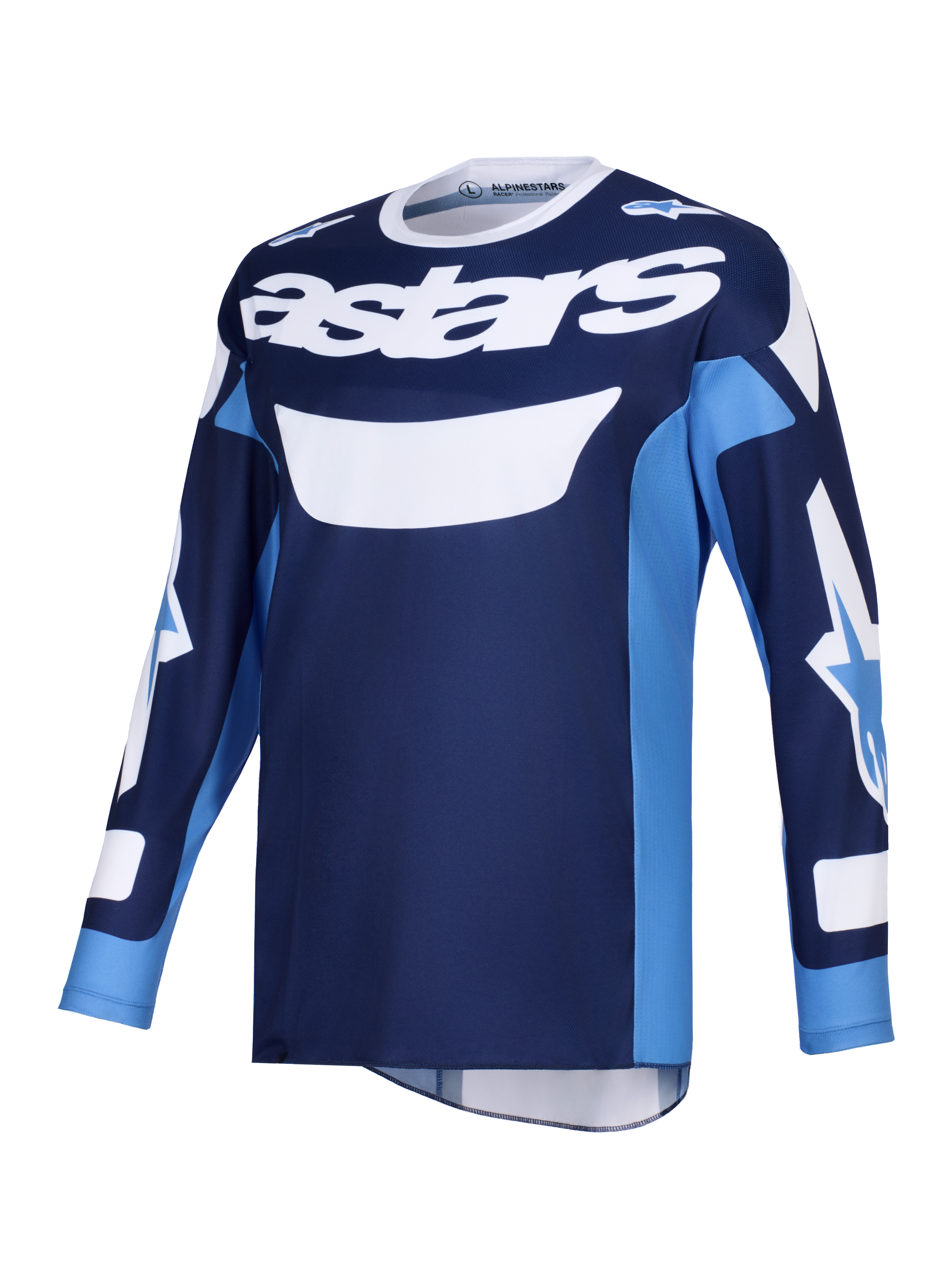 Alpinestars 2026 Racer Riway Jersey, motocross-trøje, Ucla blå og hvid, med markant hvidt 'astars'-logo på brystet, langærmet design med logoer på ærmerne, let poly-tekstil og fugttransporterende konstruktion til terrænkørsel