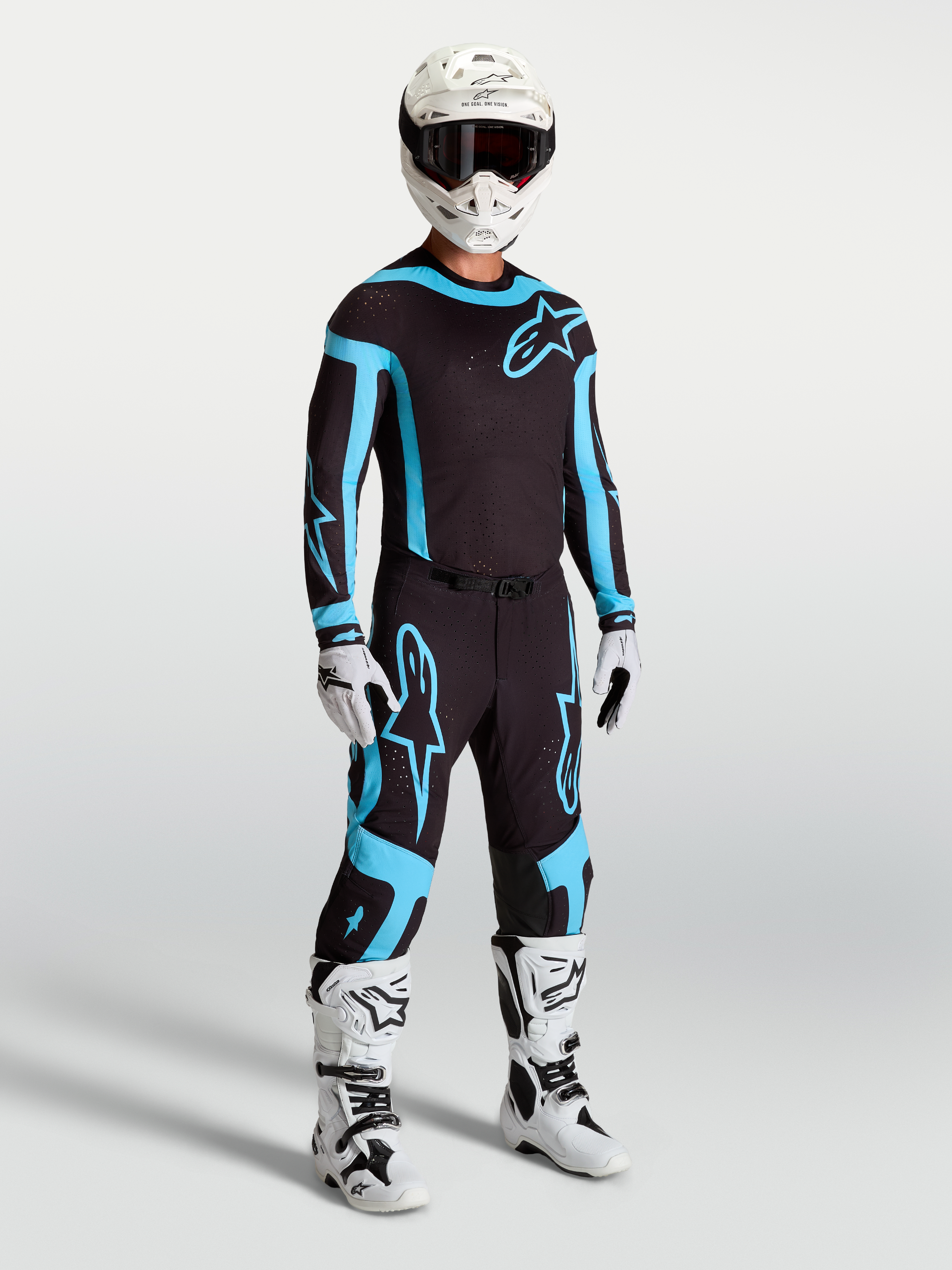 Alpinestars 2027 Supertech Vesta Jersey AND 2027 Supertech Vesta Gear Set, Men's Black and Turquoise Motocross Outfit.