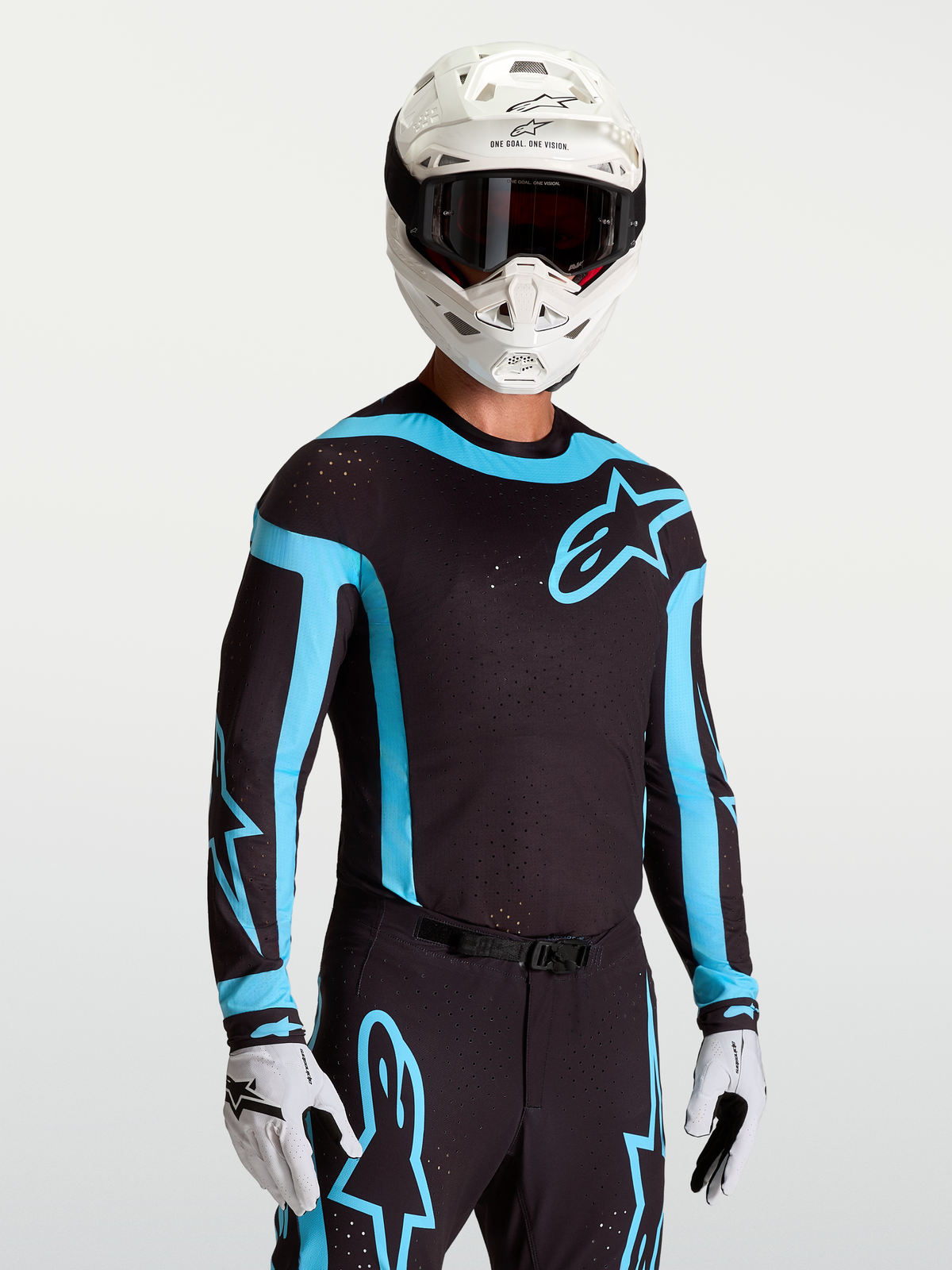Alpinestars 2027 Supertech Vesta Jersey, Men's Motocross Racing Jersey in Black and Turquoise with ventilated mesh.