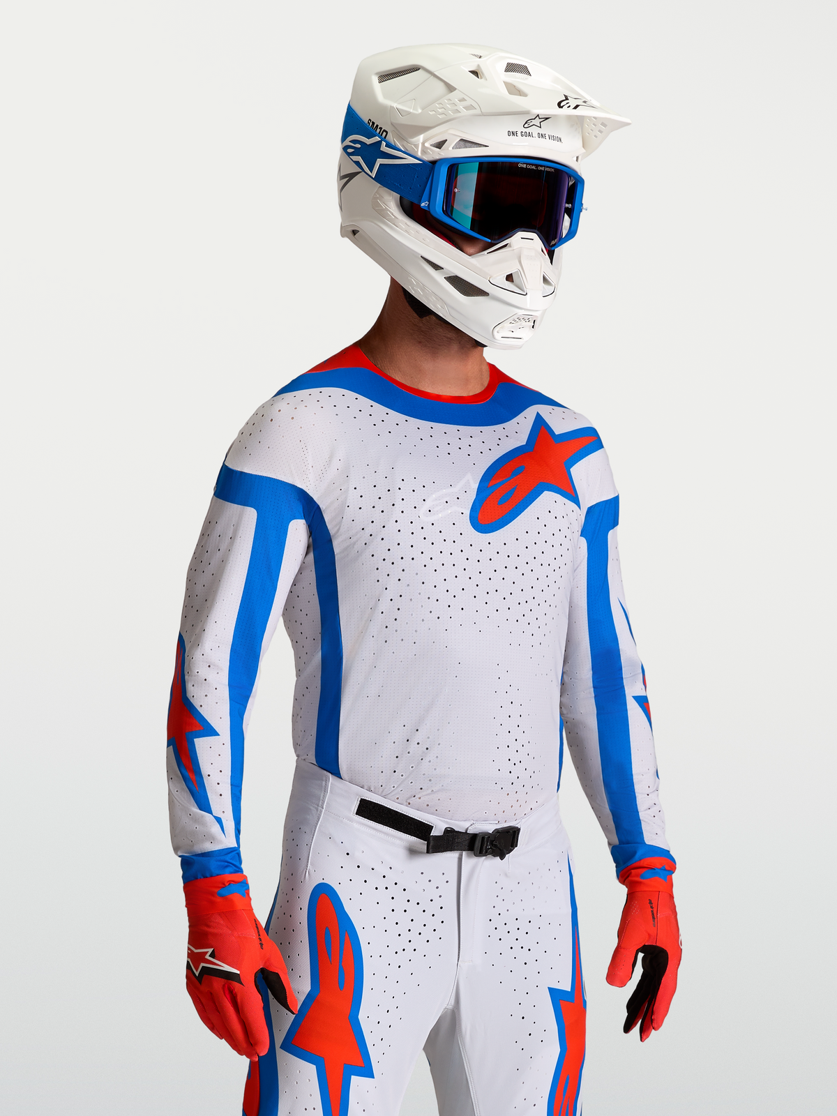 Alpinestars Supertech Vesta Jersey, white and red pro-level stretch mesh motocross racing jersey with athletic fit.