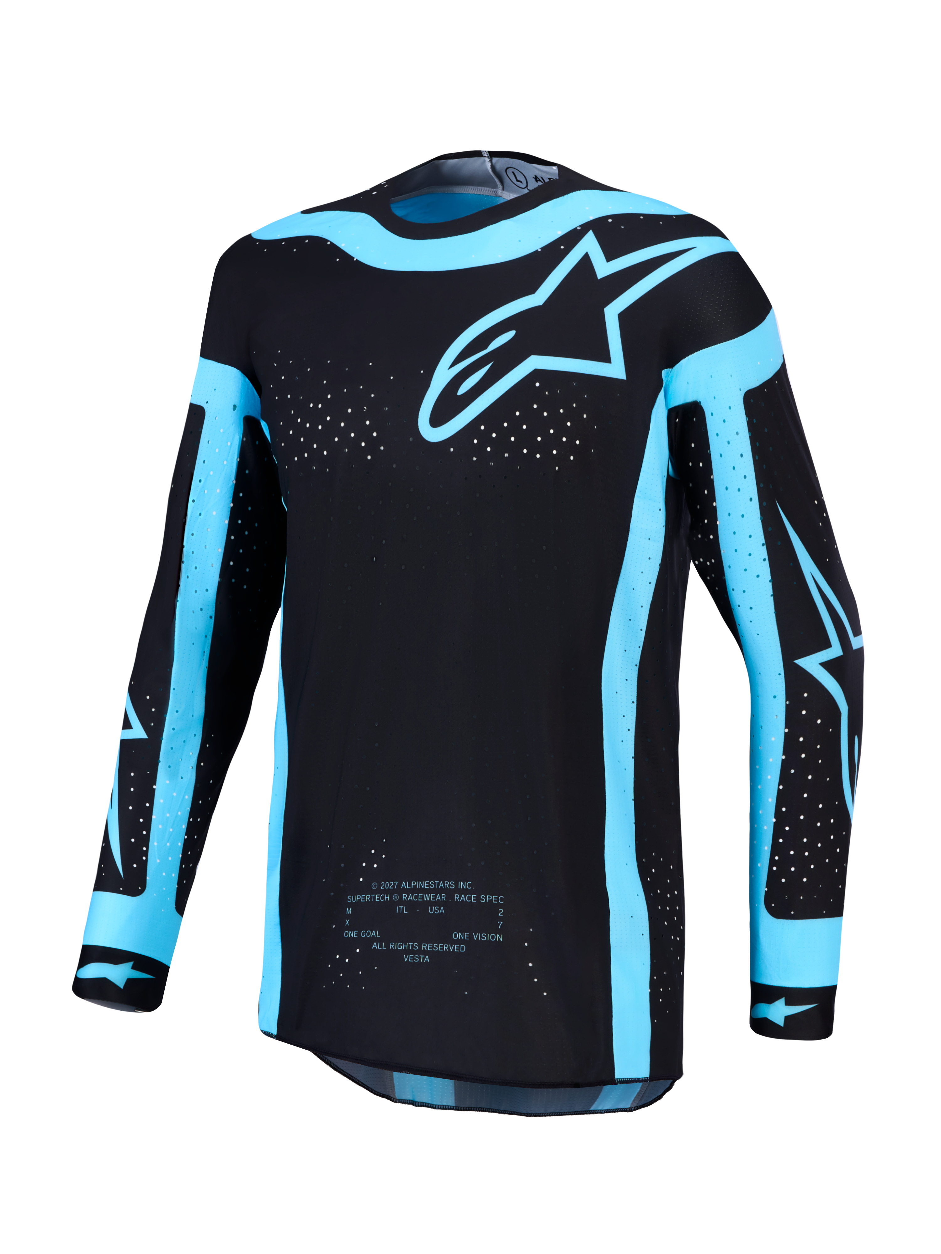Alpinestars Supertech Vesta Jersey AND Gear Set, men's black and turquoise motocross jersey with laser-cut ventilation.