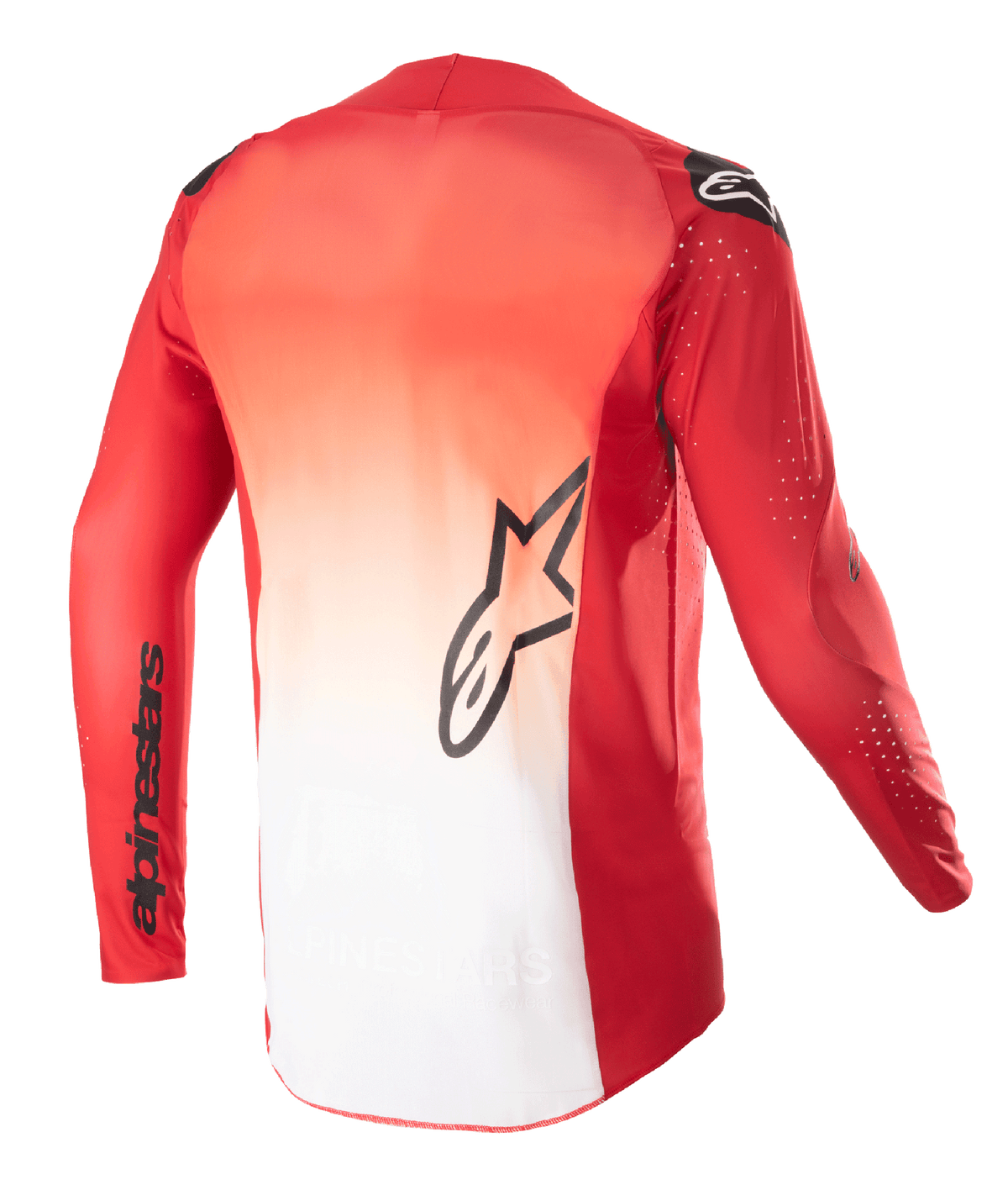 Alpinestars 2023 Supertech Risen Jersey, set bagfra, Mars rød og hvid farveovergang, med et sort Alpinestars stjernelogo midt på ryggen og mærkenavn på ærmet, langærmet motocross-trøje med laserskårne perforationer til ventilation.