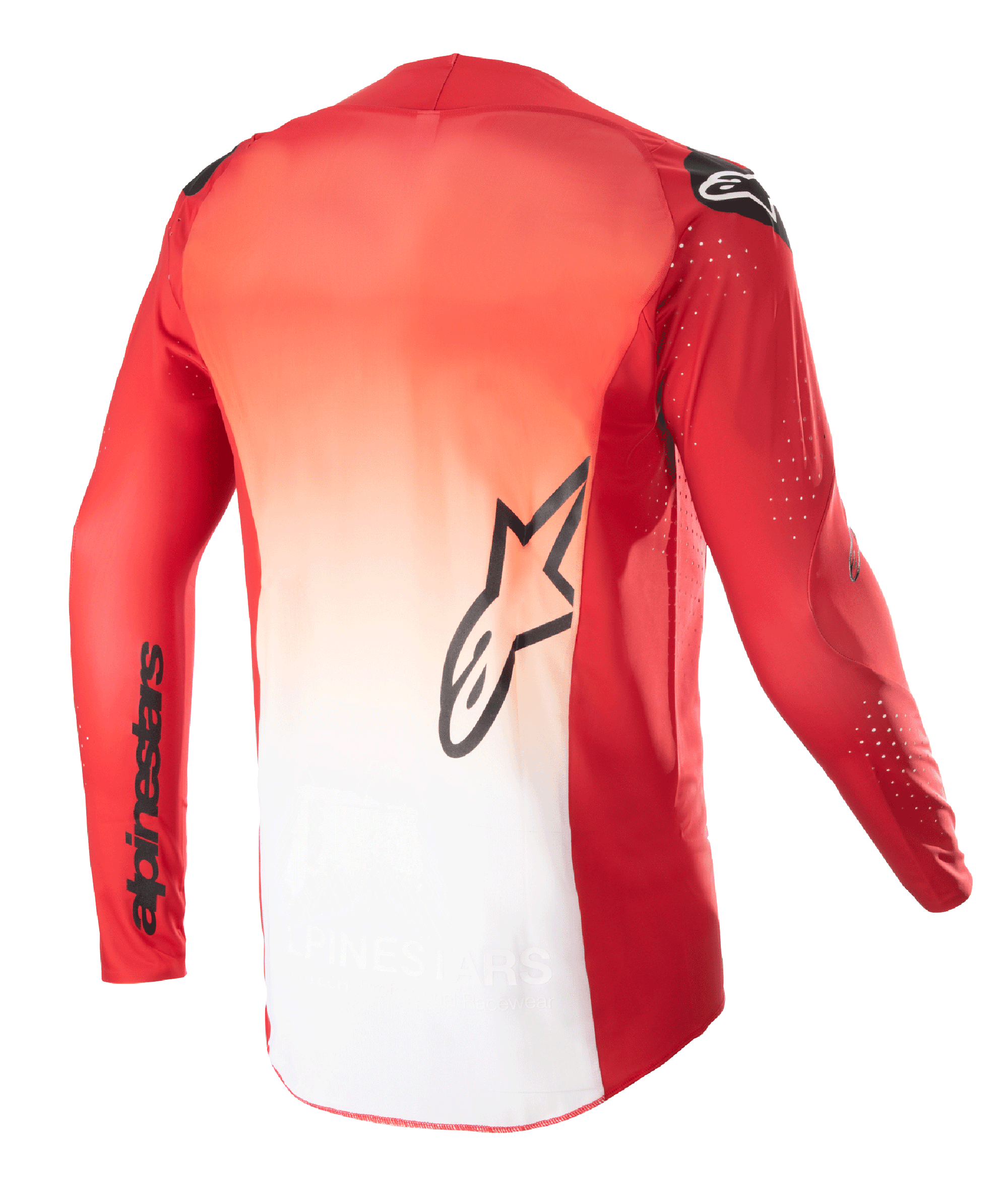 Alpinestars 2023 Supertech Risen Jersey, set bagfra, Mars rød og hvid farveovergang, med et sort Alpinestars stjernelogo midt på ryggen og mærkenavn på ærmet, langærmet motocross-trøje med laserskårne perforationer til ventilation.