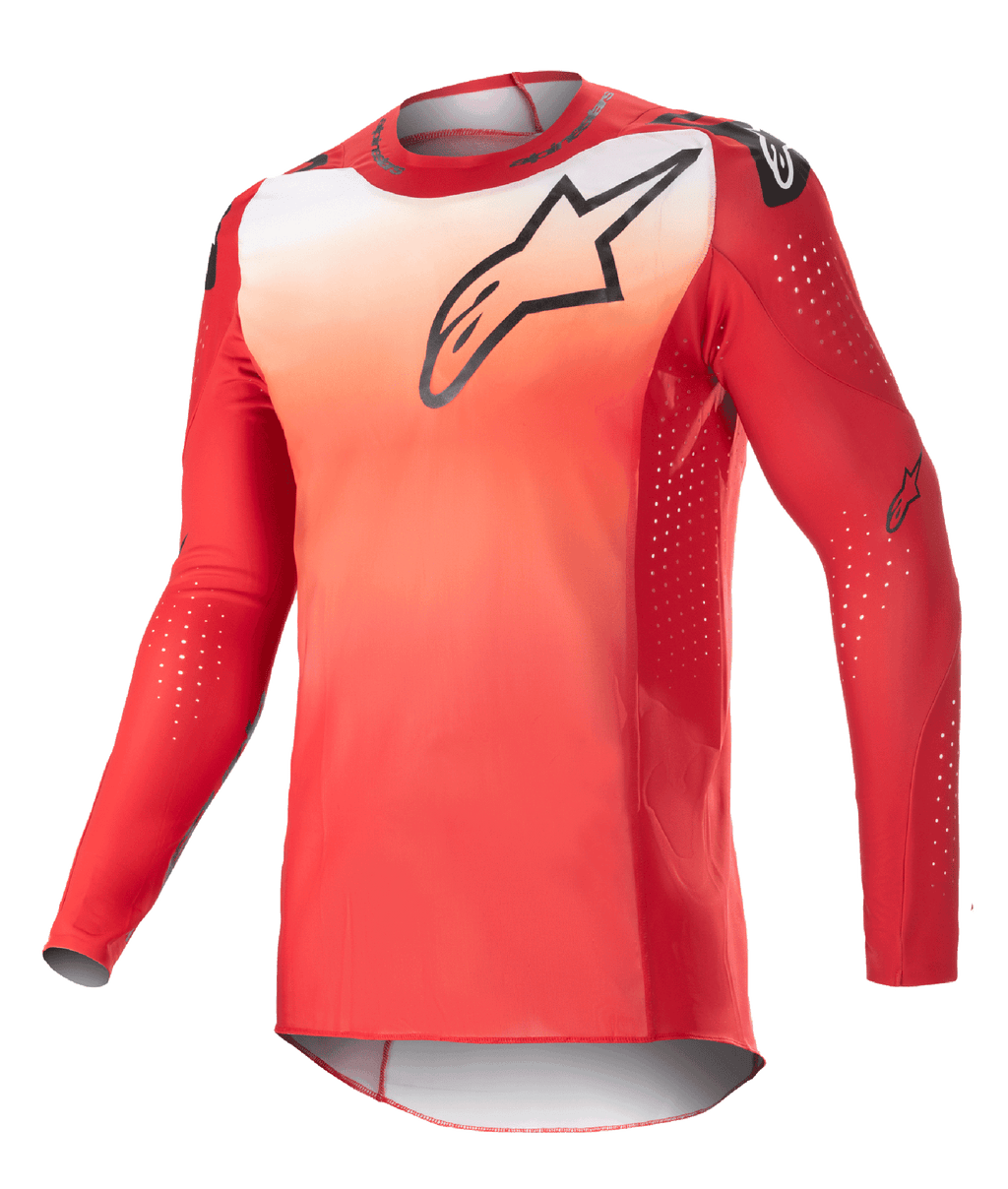 Alpinestars 2023 Supertech Risen Jersey, langærmet motocross-trøje, Mars Red og hvid gradient, sort Astars-logo på brystet, perforerede ærmer med hvide ventilationsprikker, atletisk race-pasform til off-road-kørsel