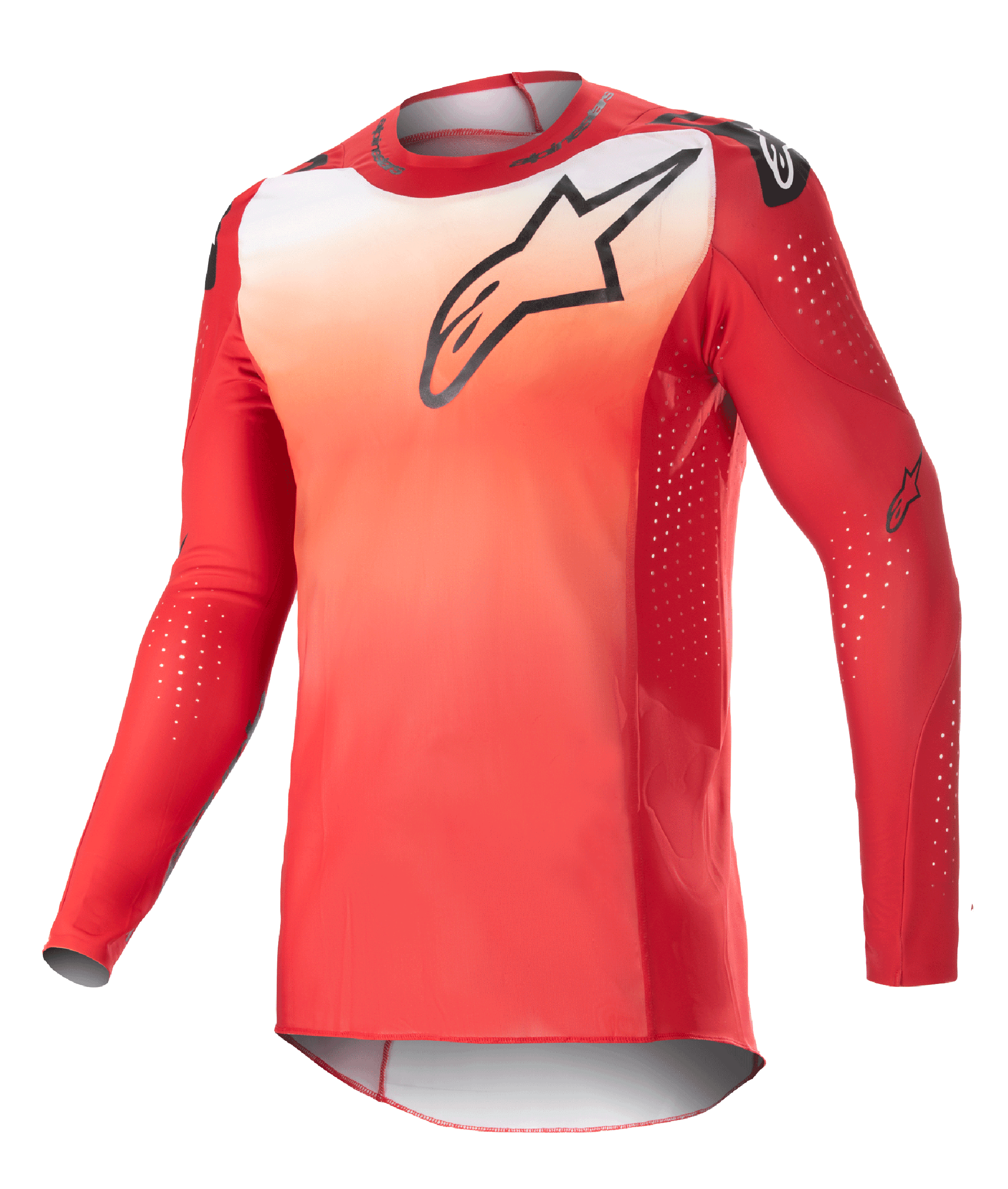 Alpinestars 2023 Supertech Risen Jersey, langærmet motocross-trøje, Mars Red og hvid gradient, sort Astars-logo på brystet, perforerede ærmer med hvide ventilationsprikker, atletisk race-pasform til off-road-kørsel
