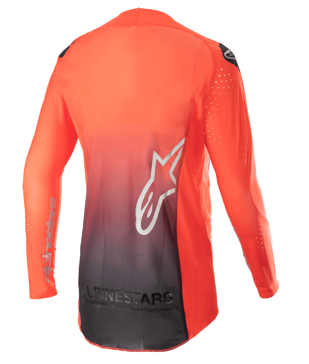Alpinestars 2023 Supertech Risen Jersey, motocross-trøje, Hot Orange og sort, set bagfra med orange til sort farveovergang, stort hvidt stjernelogo på ryggen og åndbart mesh-materiale til off-road præstation.