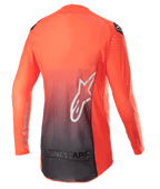 Alpinestars 2023 Supertech Risen Jersey, motocross-trøje, Hot Orange og sort, set bagfra med orange til sort farveovergang, stort hvidt stjernelogo på ryggen og åndbart mesh-materiale til off-road præstation.
