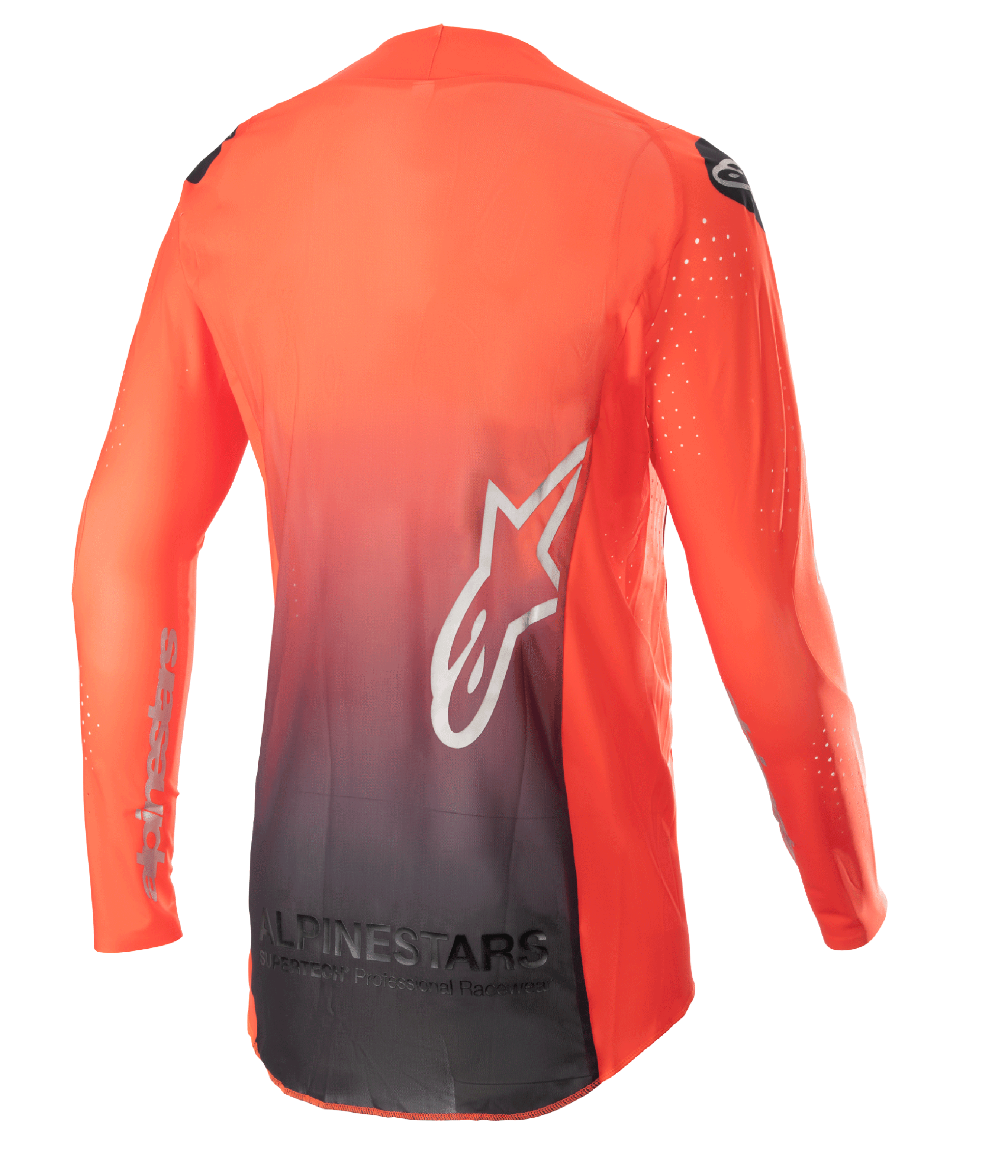 Alpinestars 2023 Supertech Risen Jersey, motocross-trøje, Hot Orange og sort, set bagfra med orange til sort farveovergang, stort hvidt stjernelogo på ryggen og åndbart mesh-materiale til off-road præstation.