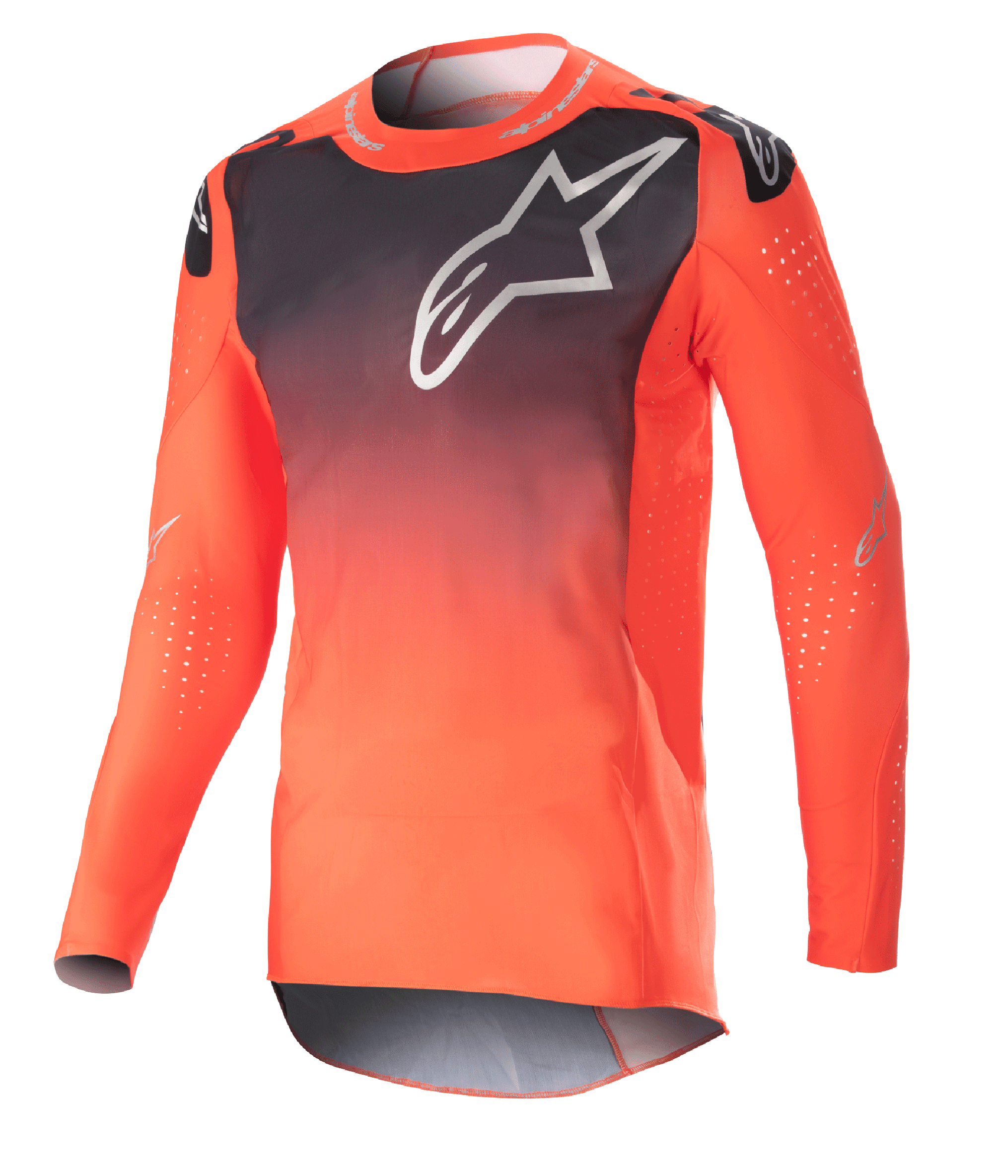 Alpinestars 2023 Supertech Risen jersey, motocross-jersey, hot orange og sort gradient, med et stort hvidt logo på brystet, laserskårne perforeringer for luftgennemstrømning, letvægts strækbart mesh-tekstil, performance race-pasform