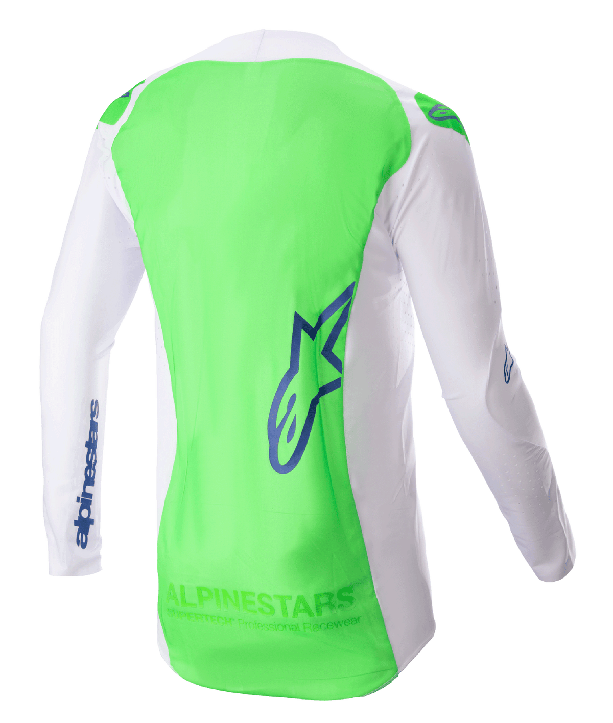 Alpinestars 2023 Supertech Risen trøje, motocross-trøje, hvid og fluoriserende grøn med Blue Ray-detaljer, set bagfra med fokus på åndbart strækmesh og et forlænget bagpanel for dækning, letvægts performance-udstyr til terrænkørsel