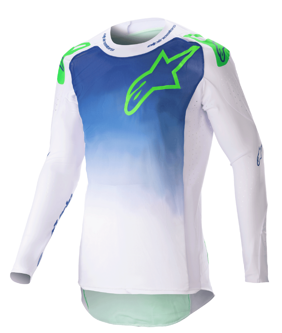 Alpinestars 2023 Supertech Risen Jersey, Motocross Jersey, Blue Ray and White with Green Fluo logo, gradient torso design, perforated long sleeves, athletic race fit, off-road racing gear
