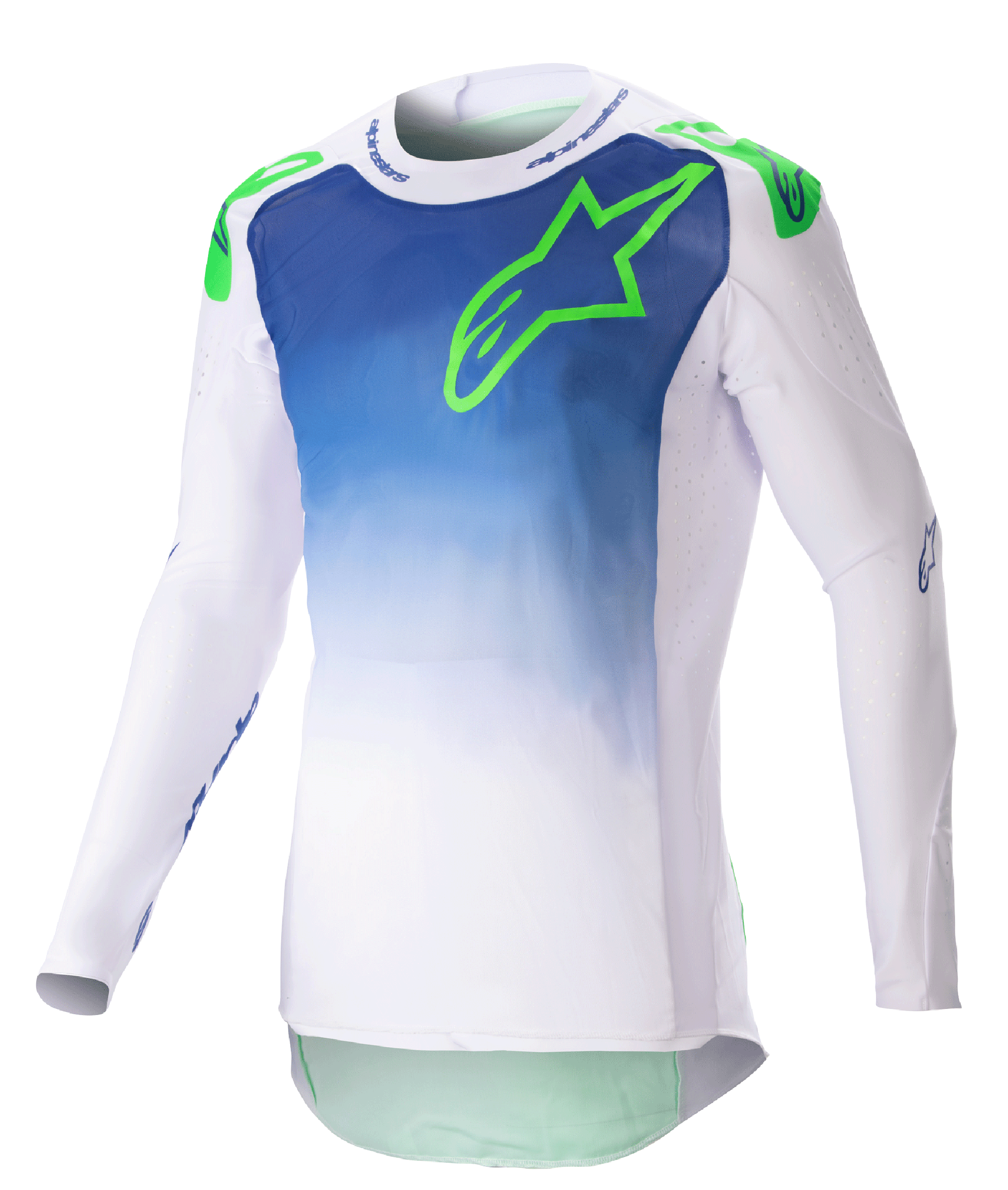Alpinestars 2023 Supertech Risen Jersey, motocross-trøje, Blue Ray og hvid med neongrønt logo, tonet torso-design, perforerede lange ærmer, atletisk race-pasform, terrænkørselsudstyr