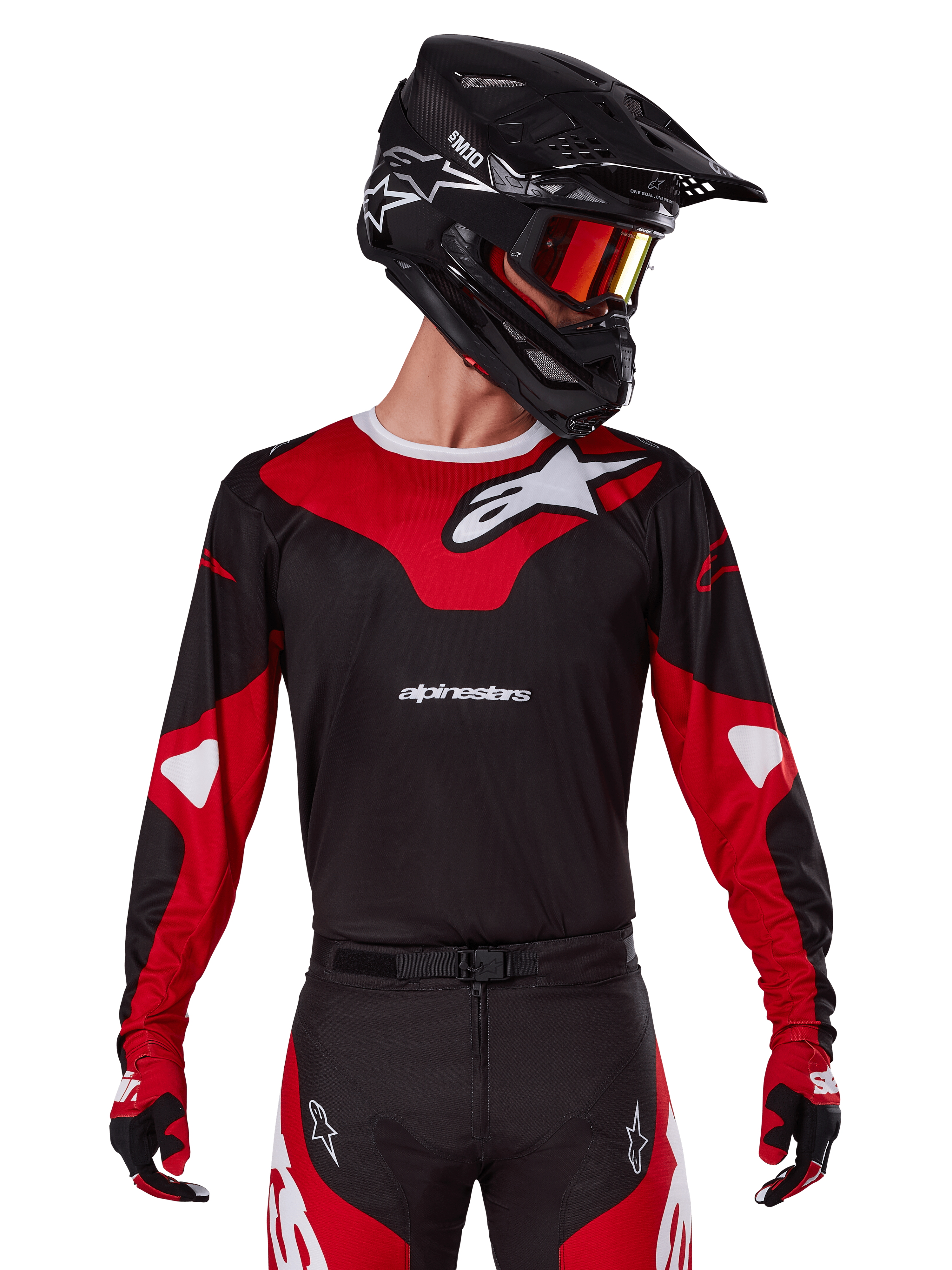 Alpinestars 2025 Racer Veil Jersey, Motocross Jersey, Black and Bright Red, worn with matching pants, black helmet, and red goggles, featuring bold white logos and a sleek racing design, performance gear for off-road motocross