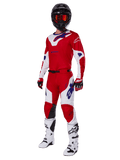 Alpinestars 2025 Racer Veil Gear Set, Motocross racing gear, Bright Red and White with Blue logo accents, worn with a black helmet, red gloves, and white boots, full protective ensemble for off-road performance