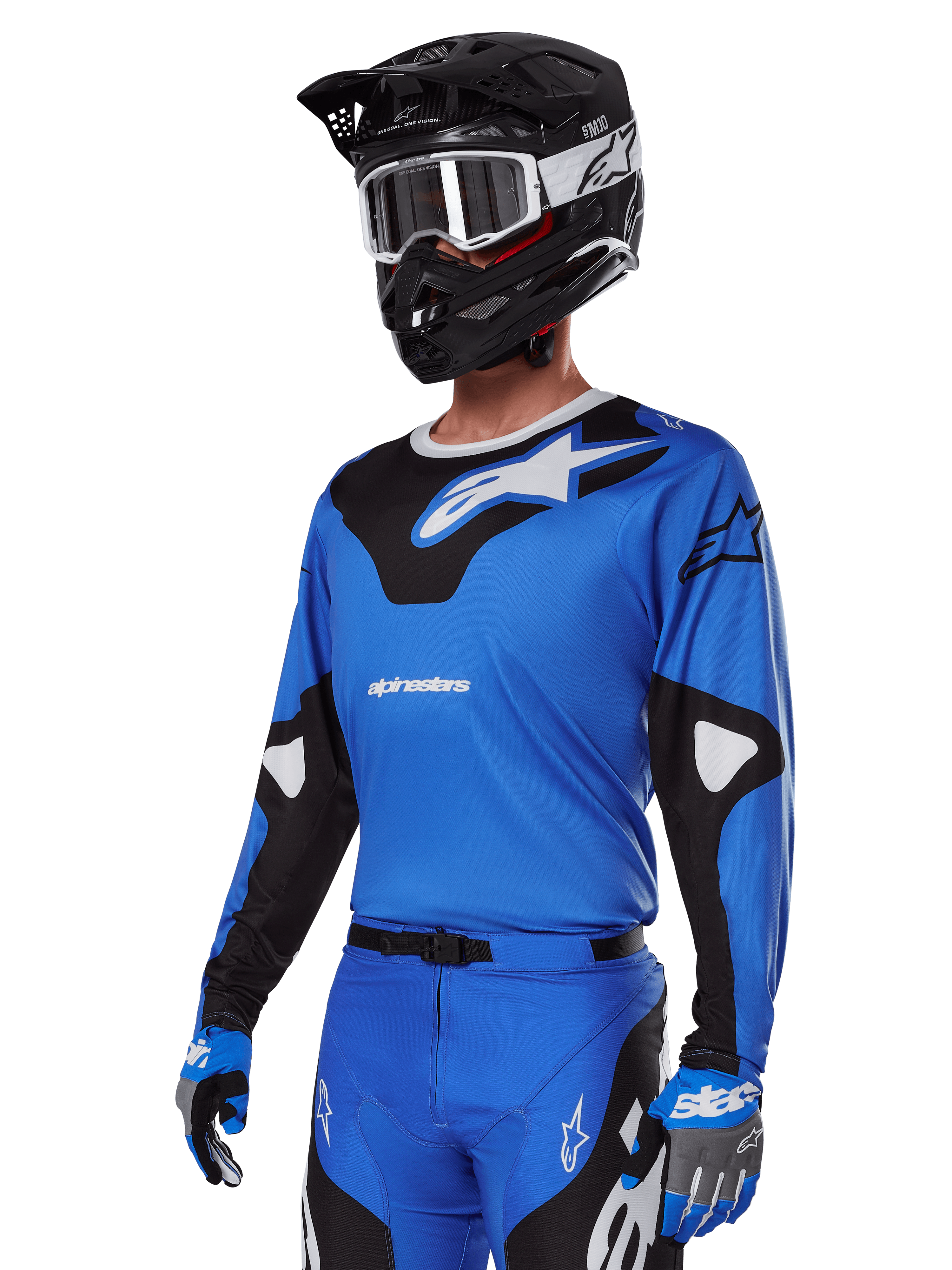 Alpinestars 2025 Racer Veil-udstyrssæt, blå motocross-jersey med sort og hvid grafik, båret med matchende bukser, sort hjelm, hvide goggles og blå handsker, teknisk beklædning til off-road racing