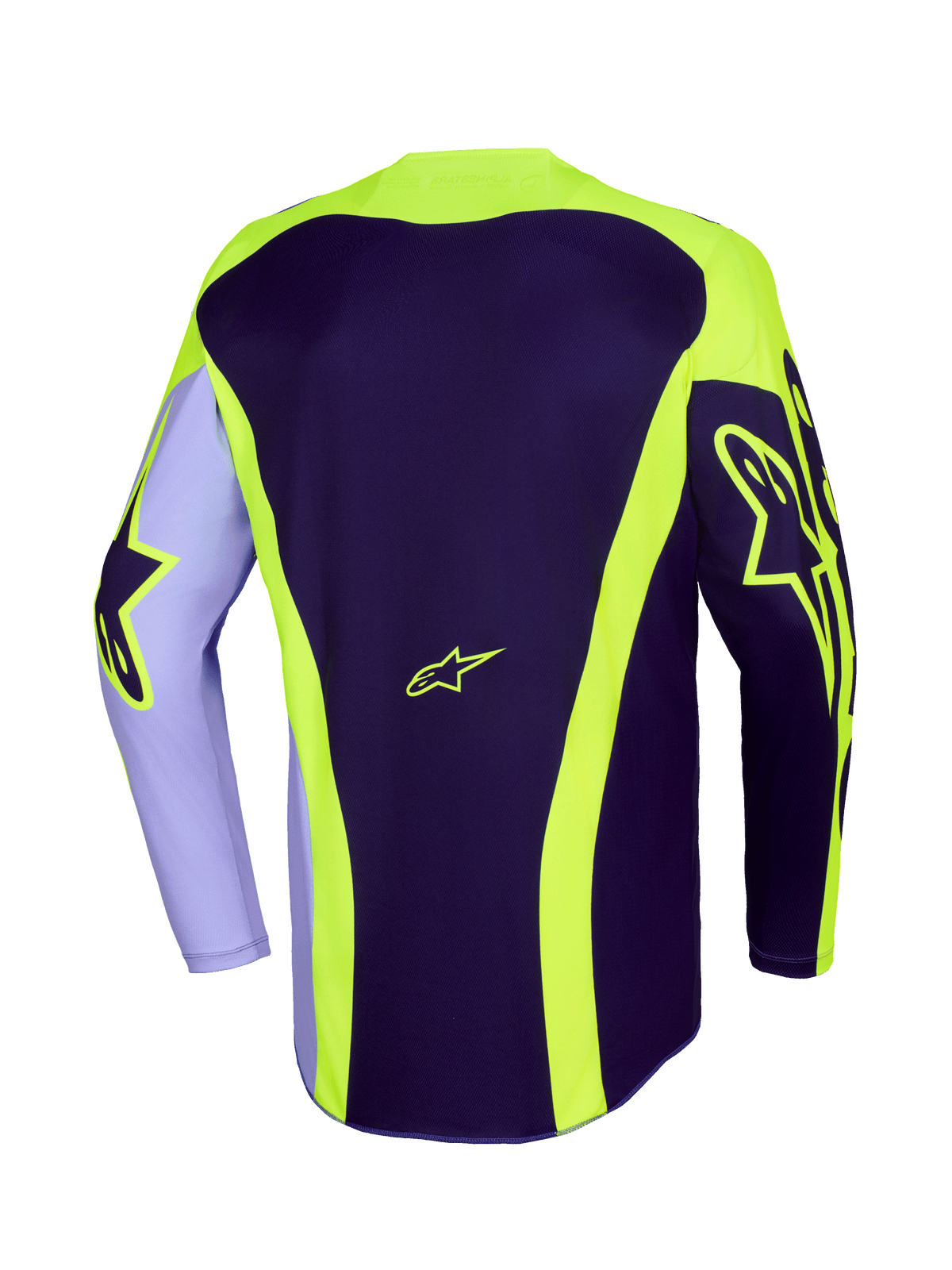 Alpinestars 2026 Racer Portl Jersey, motocross-trøje, lilla og neon-gul, set bagfra med neongule Astar-logoer på ærmer og ryg, buede striber og en længere bagkant til off-road kørsel