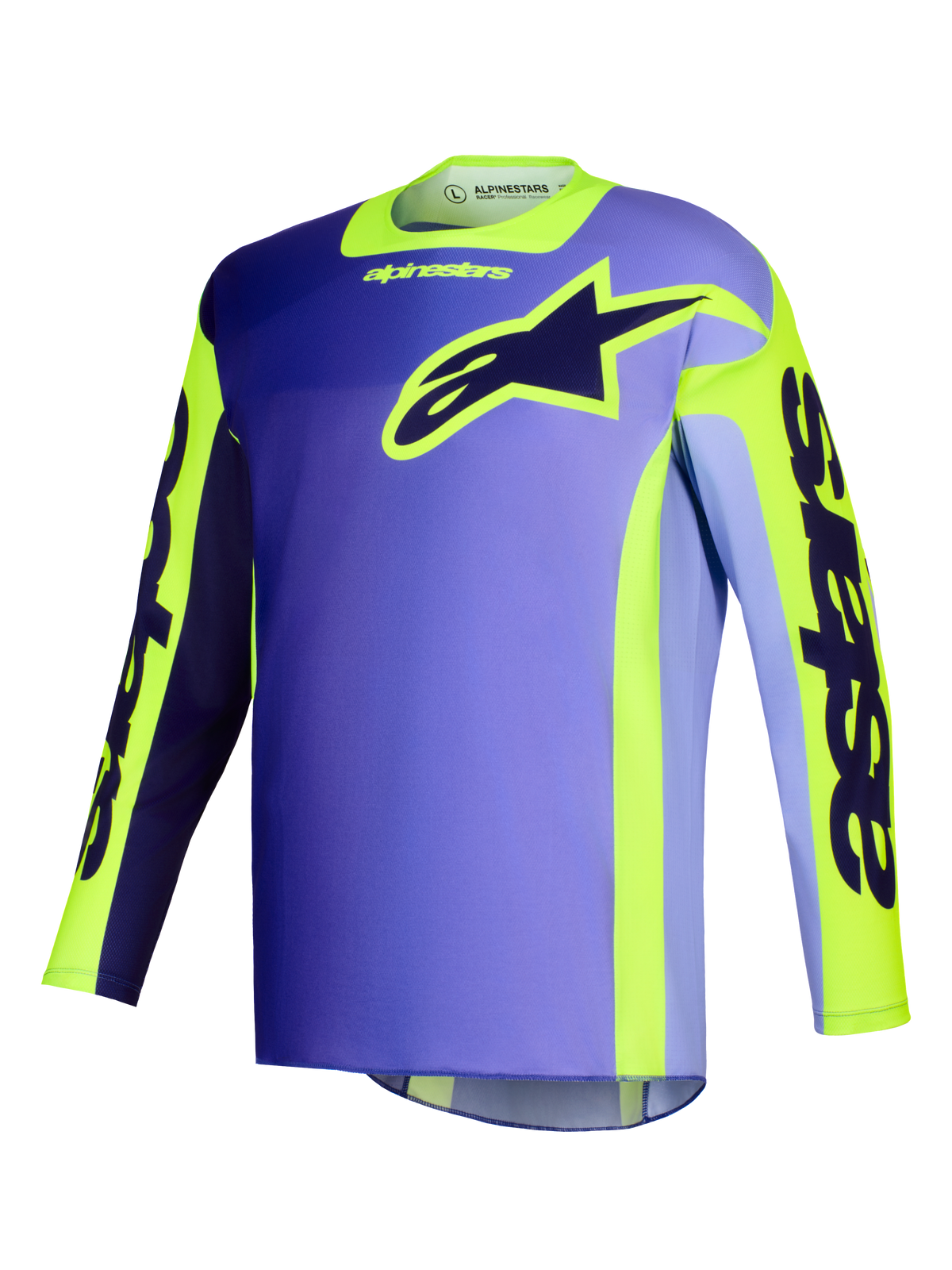 Alpinestars 2026 Racer Portl Jersey, motocross-trøje, lilla og gul fluo, med lilla gradient og neon-gule detaljer, stort Alpinestars stjernelogo på brystet og 'astars' branding på ærmerne.