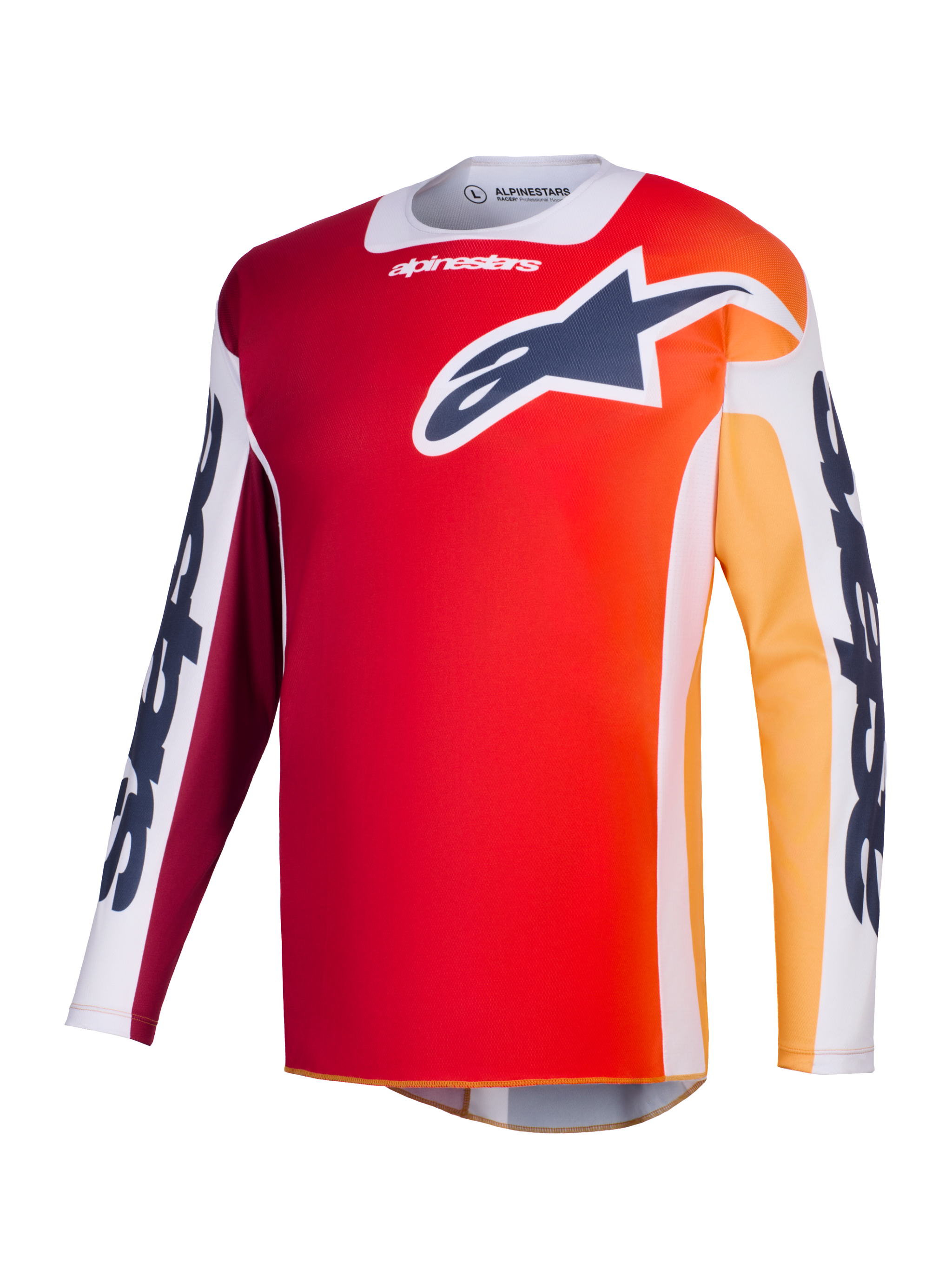 Alpinestars 2026 Racer Portl-trøje, motocrosstrøje, rød med orange og gul gradient, mørkeblåt Astar-logo på brystet, hvide ærmepaneler med markant Alpinestars-branding, teknisk performance-udstyr til off-road racing