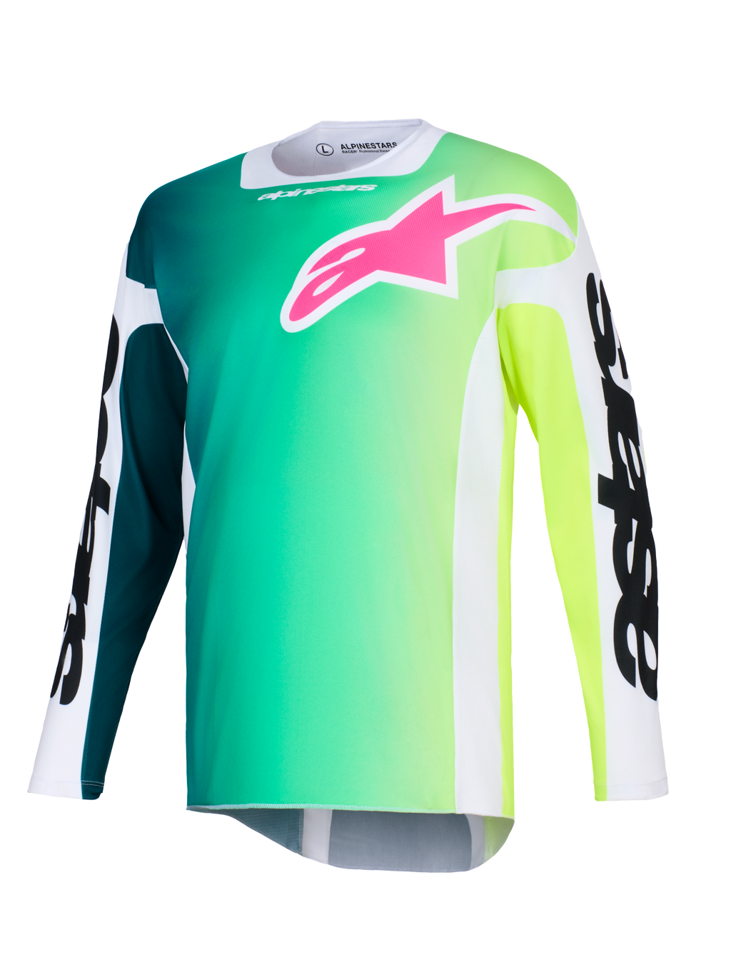 Alpinestars 2026 Racer Portl Jersey, motocross-trøje, grøn og gul farveovergang, stærkt lyserødt logo på brystet, hvide ærmer med fed sort Alpinestars-tekst, letvægtsmateriale til off-road kørsel