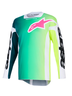 Alpinestars 2026 Racer Portl Jersey, motocross-trøje, grøn og gul farveovergang, stærkt lyserødt logo på brystet, hvide ærmer med fed sort Alpinestars-tekst, letvægtsmateriale til off-road kørsel