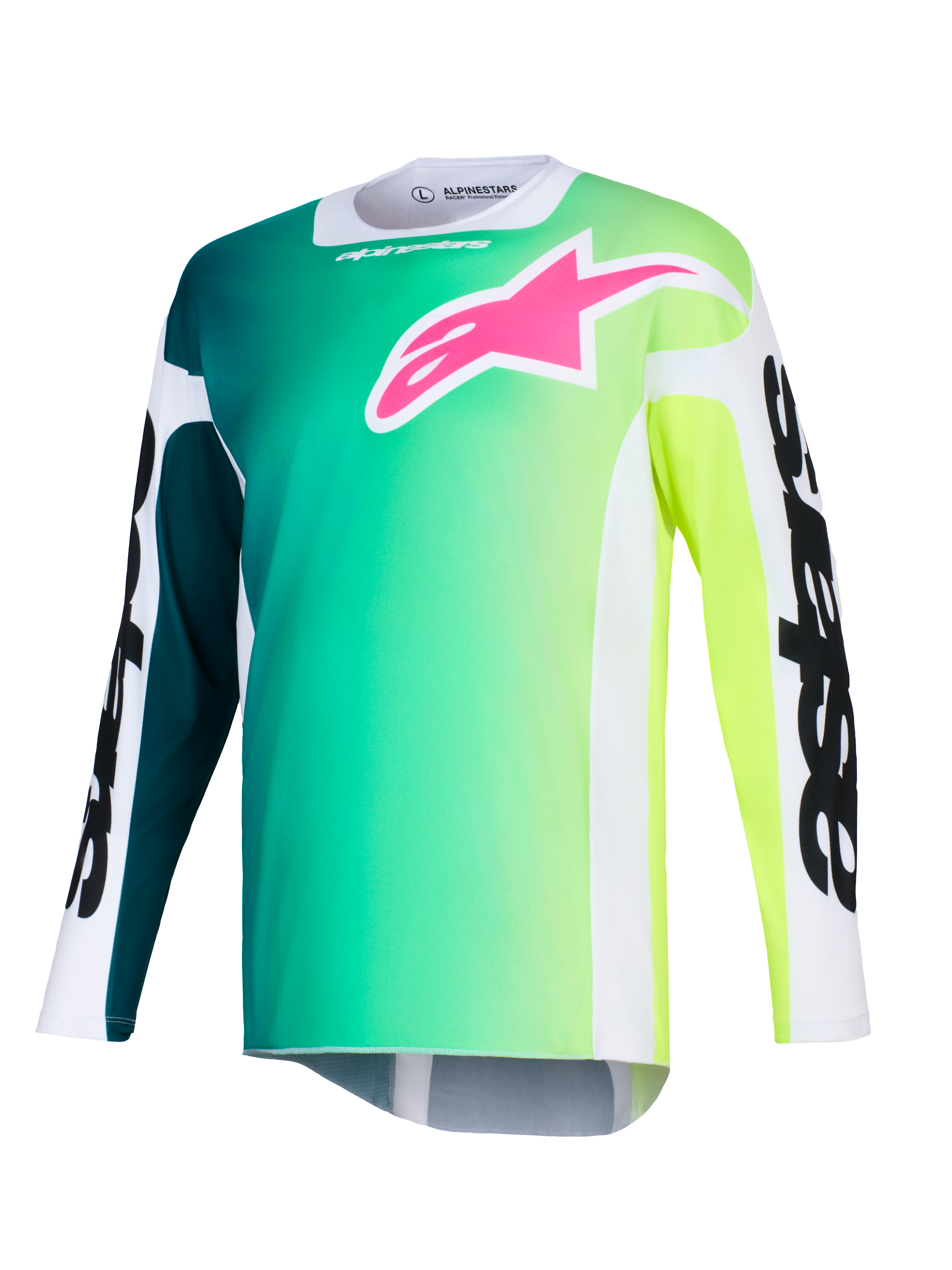 Alpinestars 2026 Racer Portl Jersey, motocross-trøje, grøn og gul farveovergang, stærkt lyserødt logo på brystet, hvide ærmer med fed sort Alpinestars-tekst, letvægtsmateriale til off-road kørsel