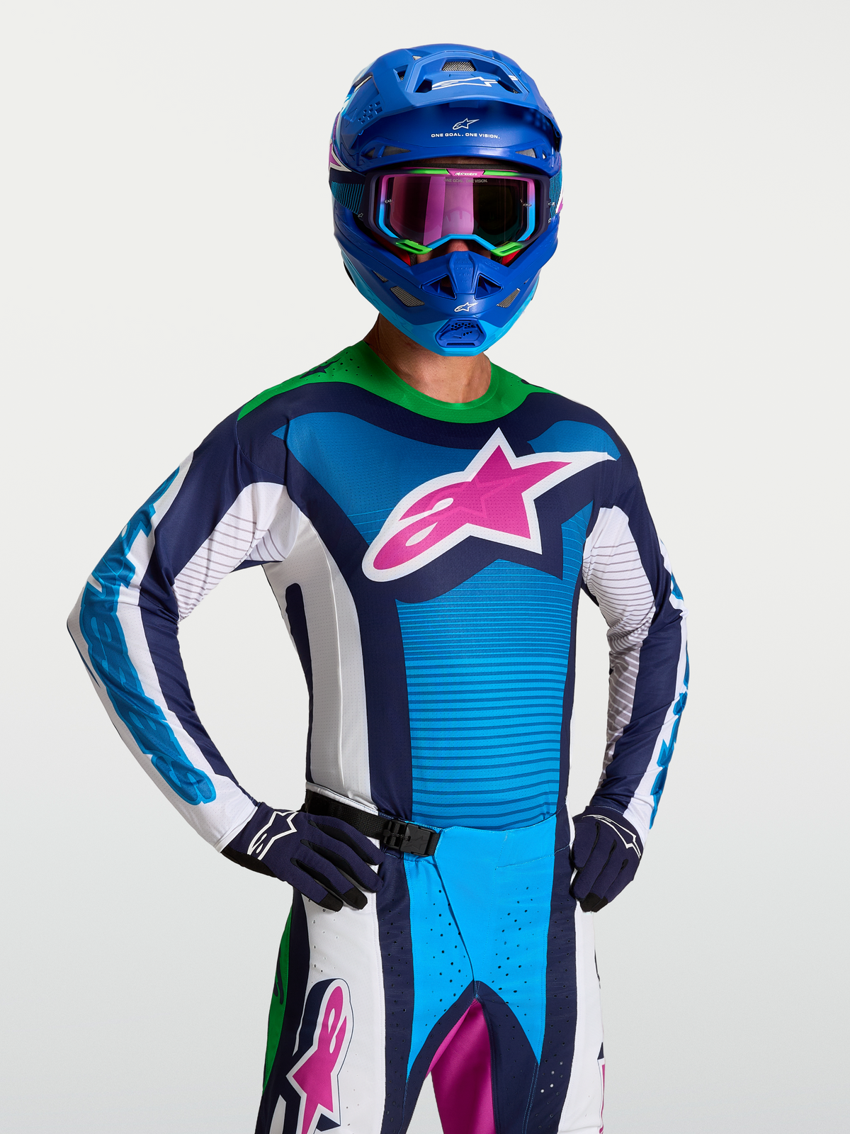 Alpinestars 2027 Techstar Maven Jersey, blue and white motocross jersey for men with pink accents and athletic race fit.