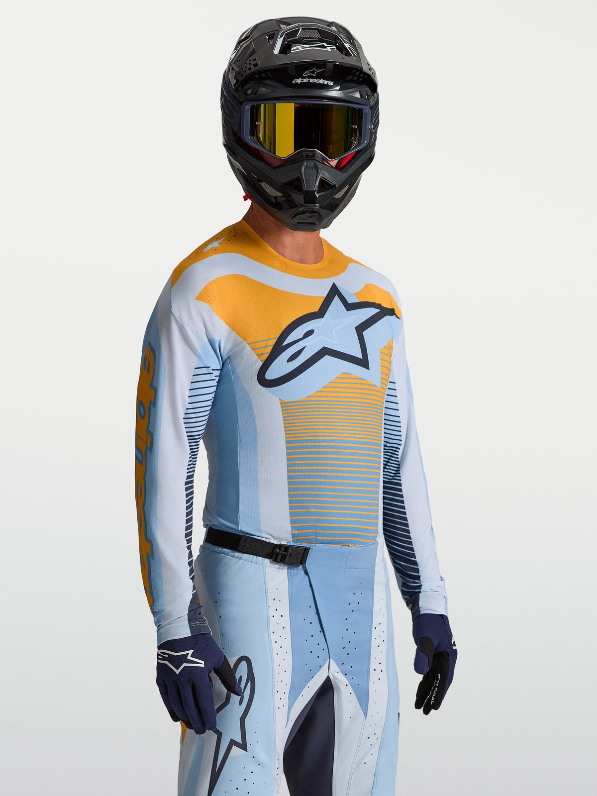 Alpinestars Techstar Maven Jersey, Men's Motocross Gear, Dust Blue and Tangerine, performance athletic race fit.