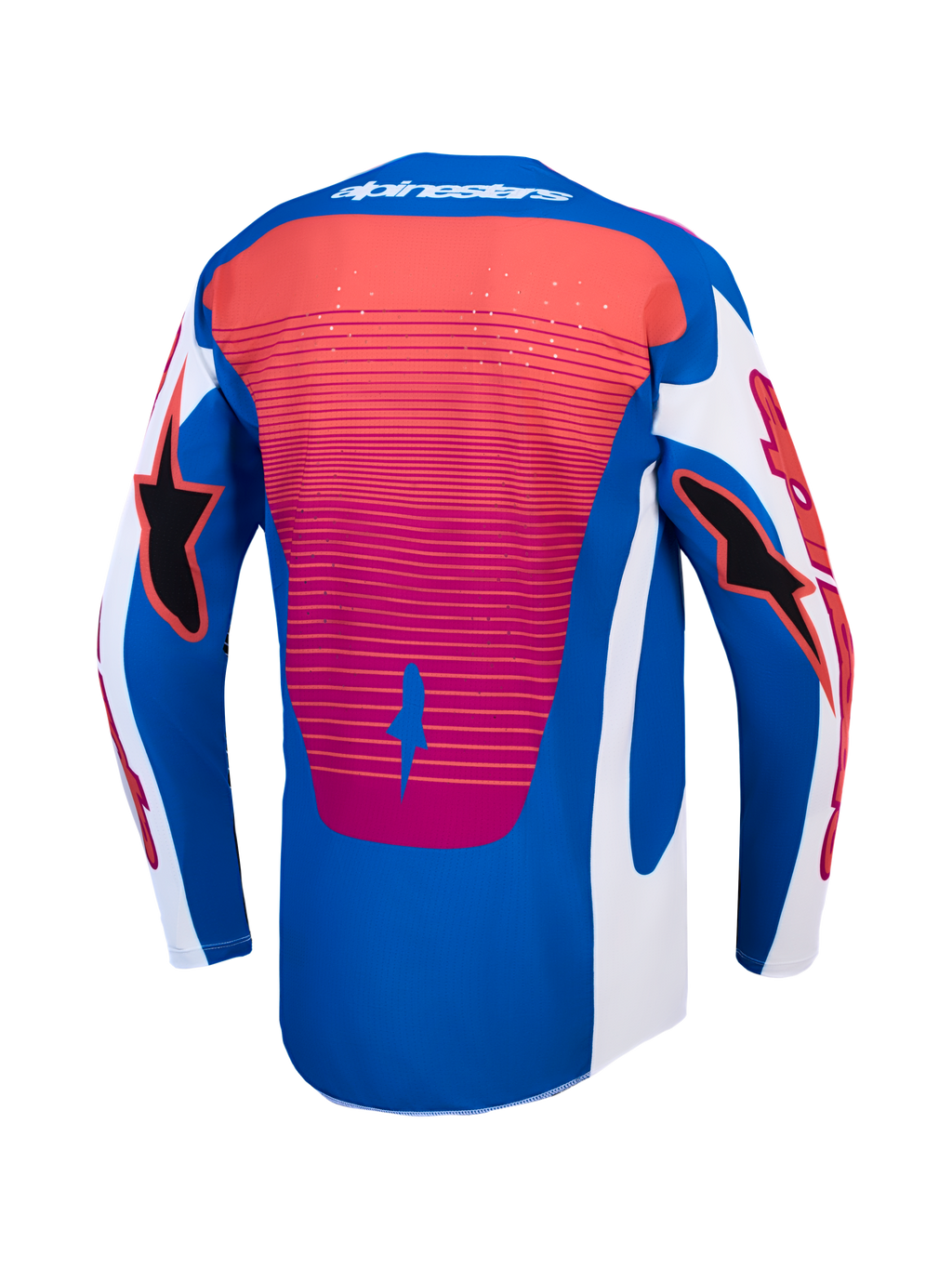 Alpinestars Techstar Maven trøje, motocrosstrøje set bagfra, blå og rød, åndbar med laserudskåret ventilation.