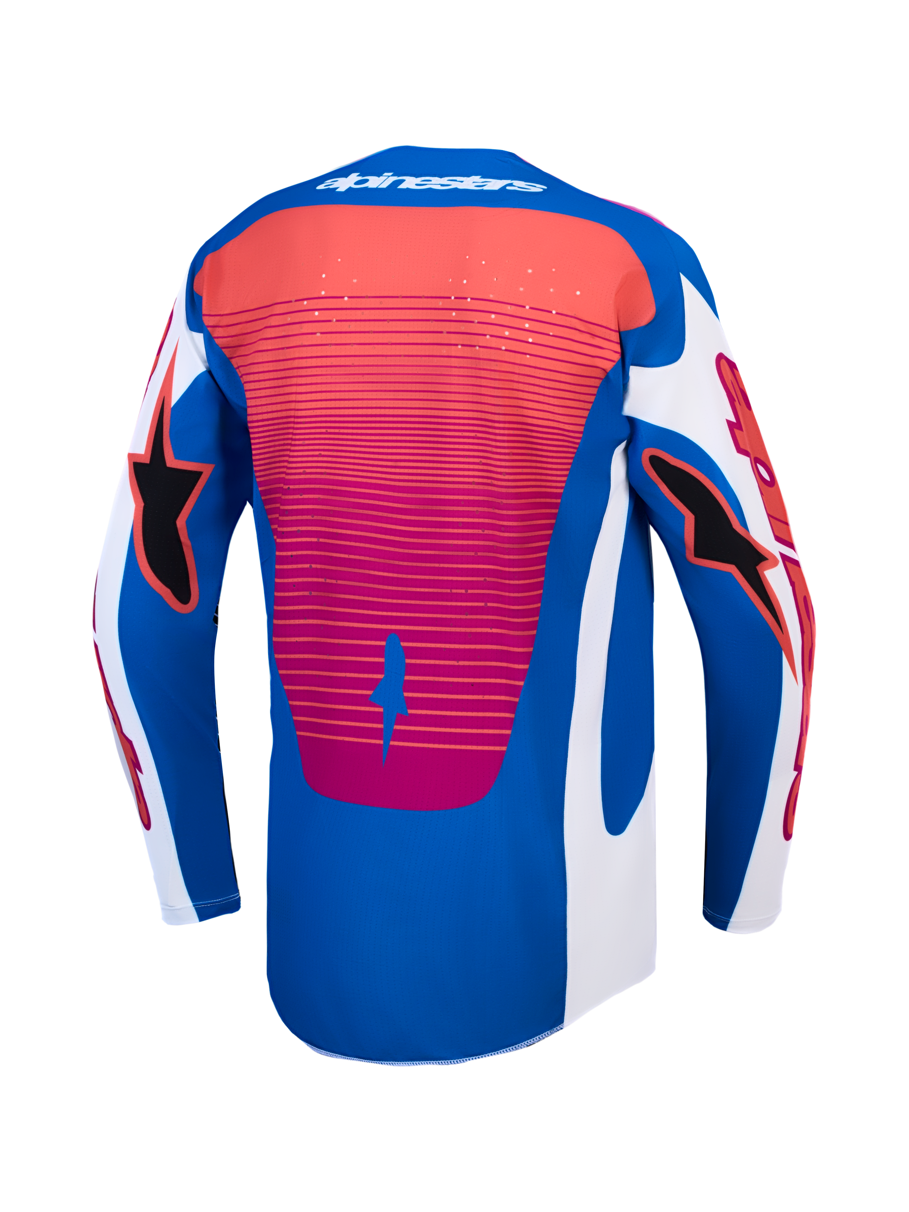 Alpinestars Techstar Maven trøje, motocrosstrøje set bagfra, blå og rød, åndbar med laserudskåret ventilation.