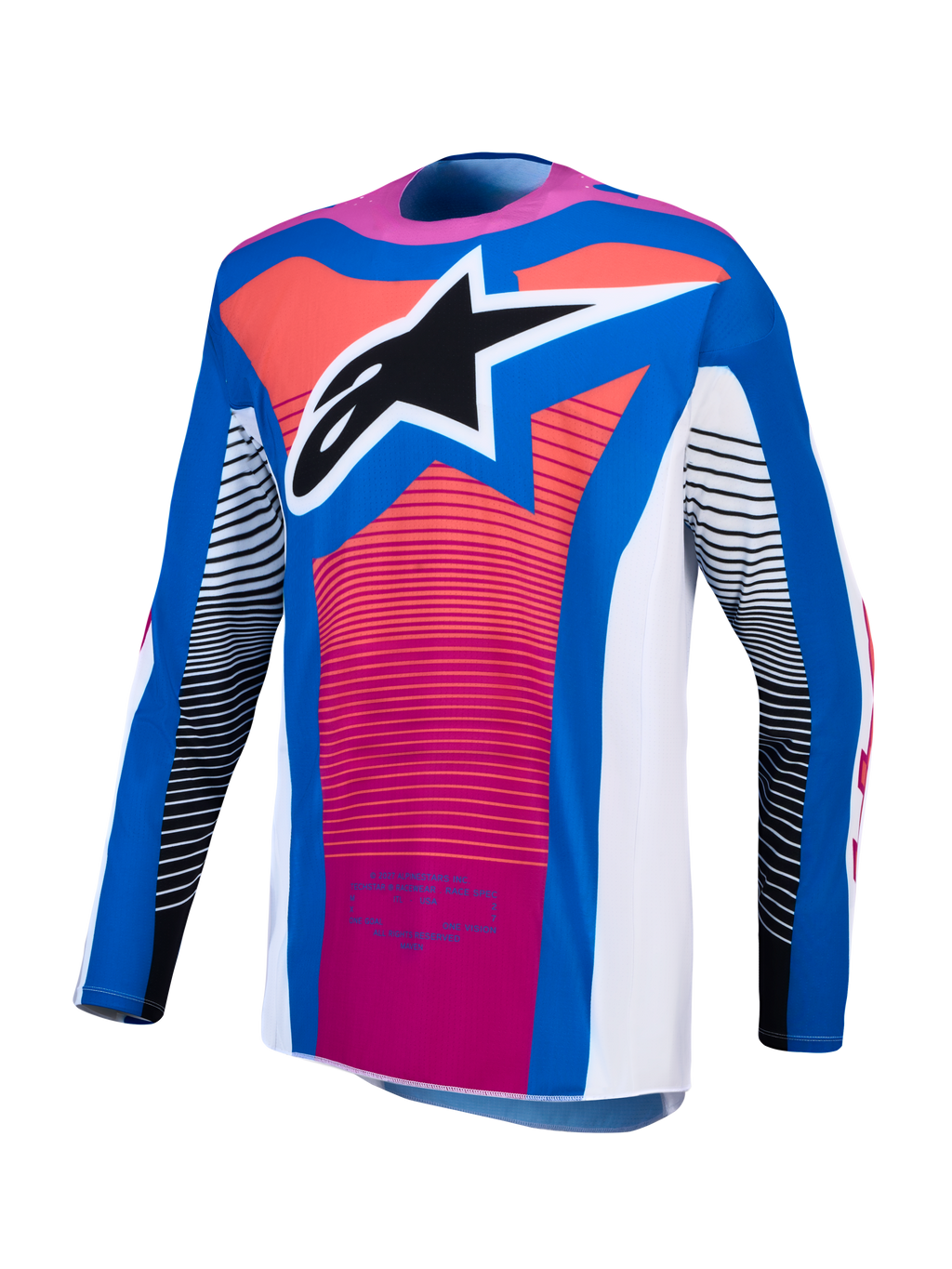 Alpinestars Techstar Maven trøje, motocrosstrøje til performance-racing, blå og pink, atletisk pasform med stjernelogo.