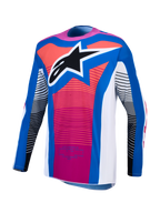 Alpinestars Techstar Maven trøje, motocrosstrøje til performance-racing, blå og pink, atletisk pasform med stjernelogo.