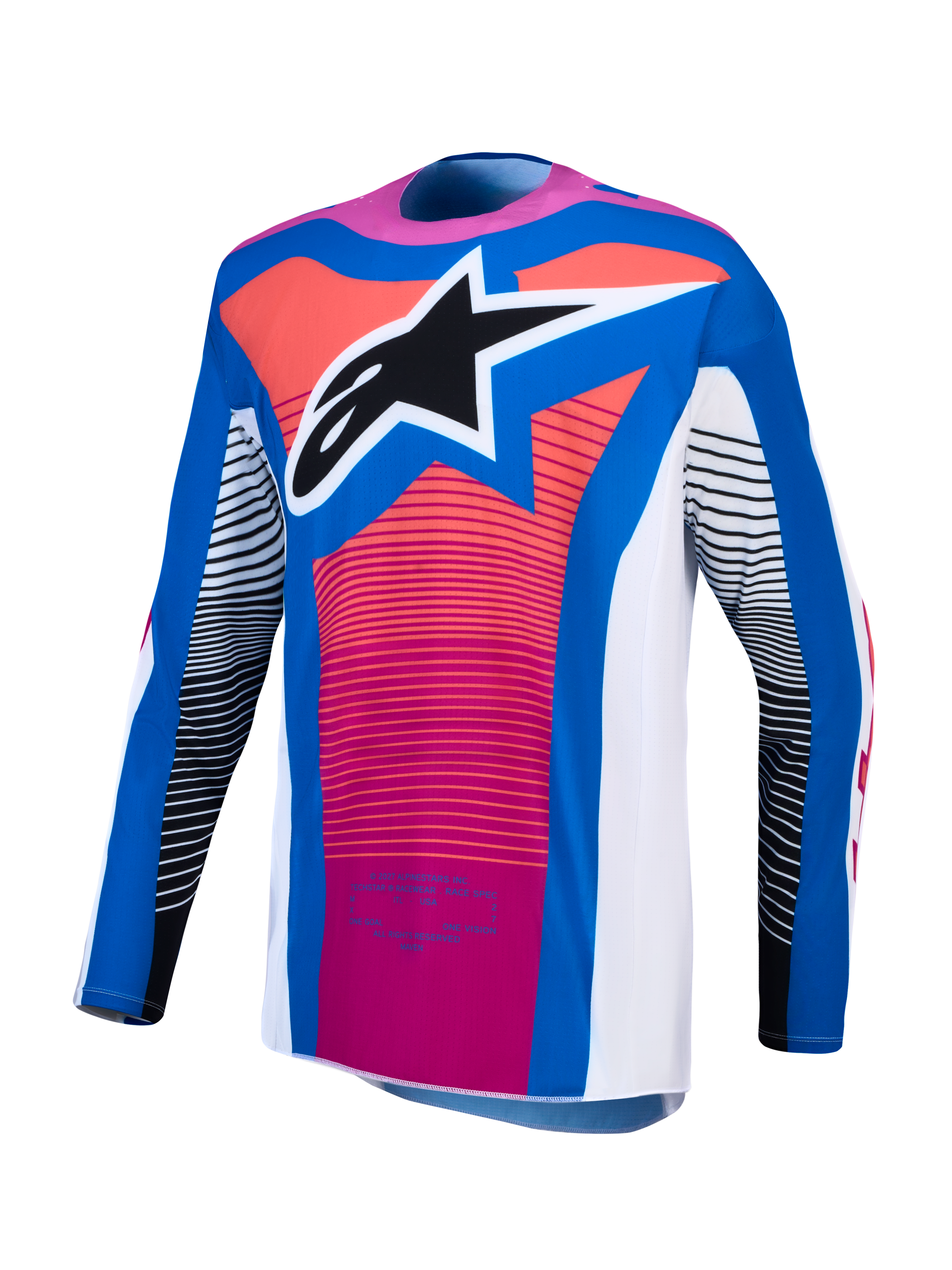 Alpinestars Techstar Maven trøje, motocrosstrøje til performance-racing, blå og pink, atletisk pasform med stjernelogo.