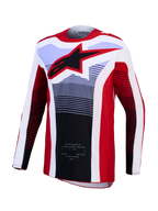 Alpinestars Techstar Maven Jersey, Red and White Motocross Racing Jersey with Black Star Logo and Breathable Fabric.