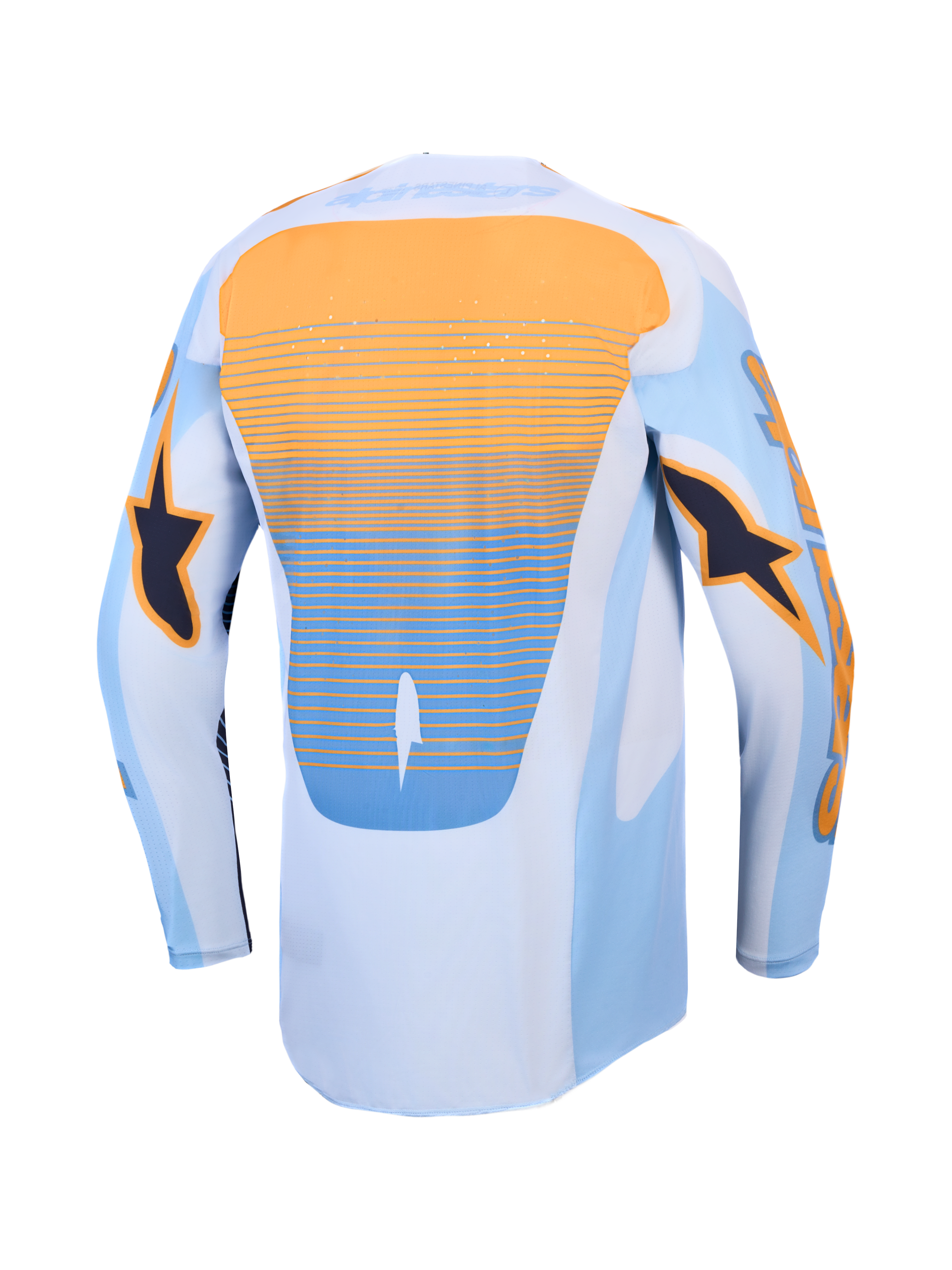 Alpinestars Techstar Maven trøje, blå og orange motocrosstrøje set bagfra med laserskåret ventilation og forlænget ryg.