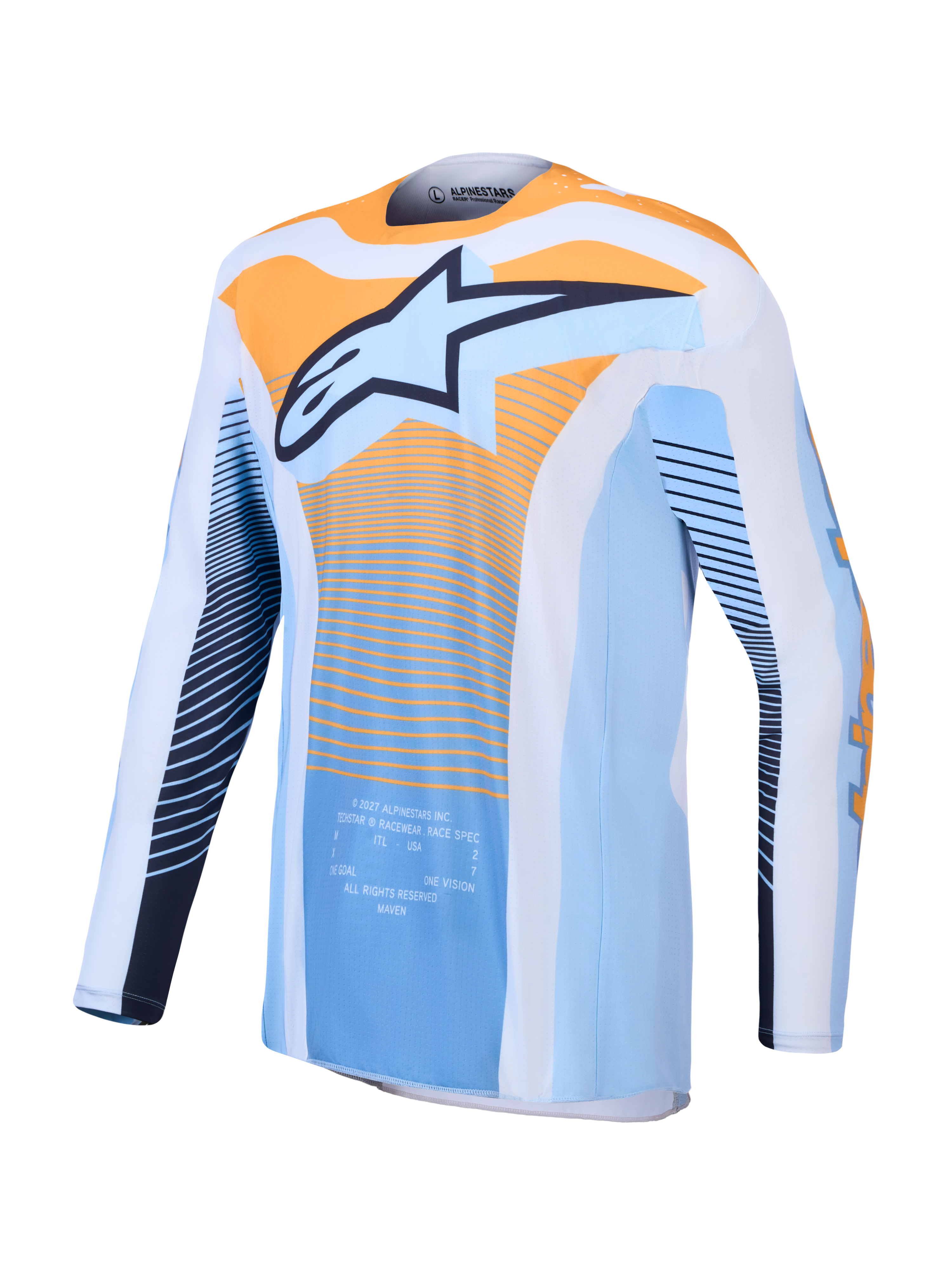 Alpinestars Techstar Maven trøje, blå og orange motocross-trøje med atletisk pasform og åndbart materiale.