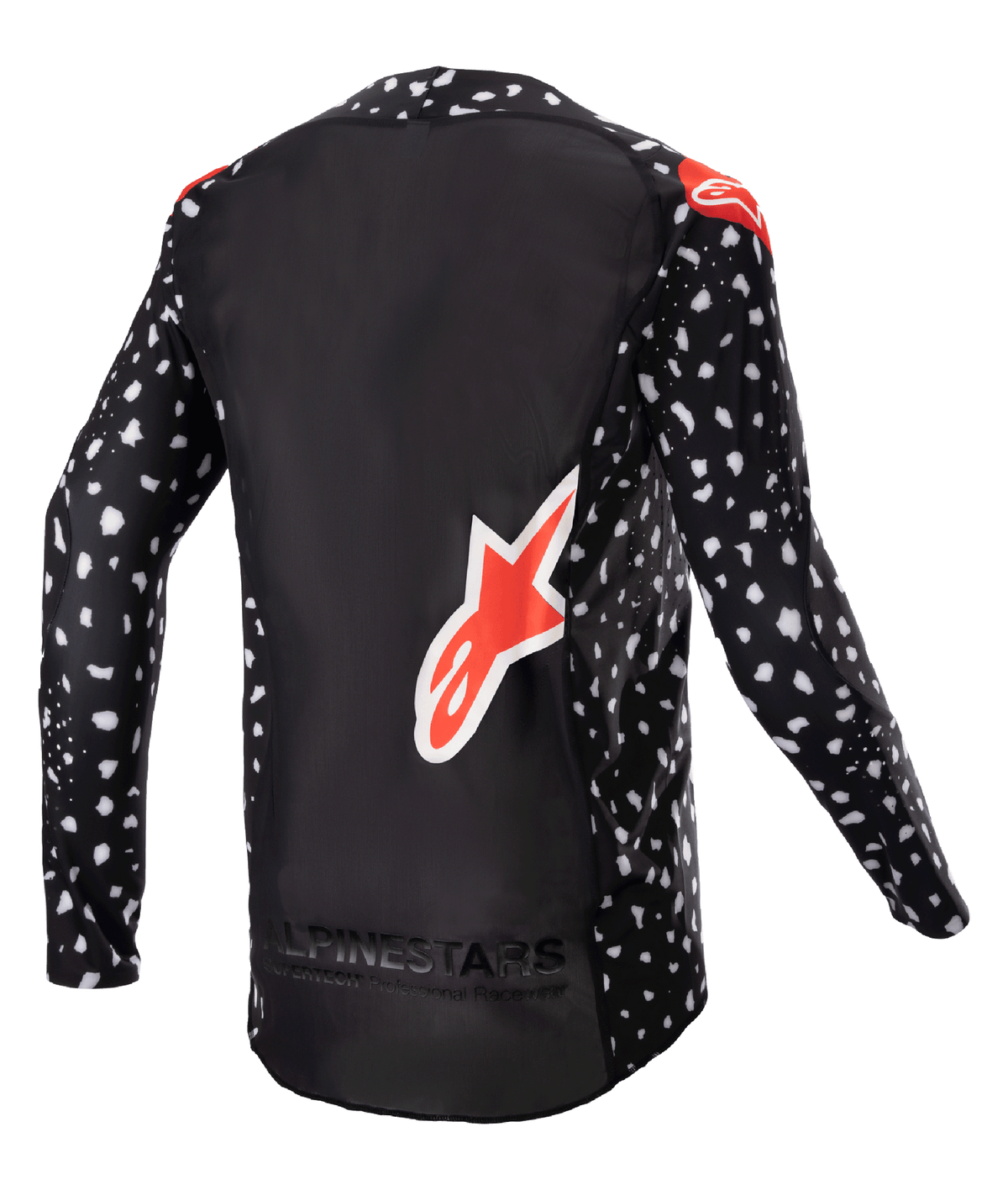 Alpinestars 2023 Supertech North trøje, motocross-trøje, sort med hvidt plettet mønster og neonrøde detaljer, set bagfra med stort rødt Alpinestars-logo og branding nederst, professionelt terrænkørselsudstyr