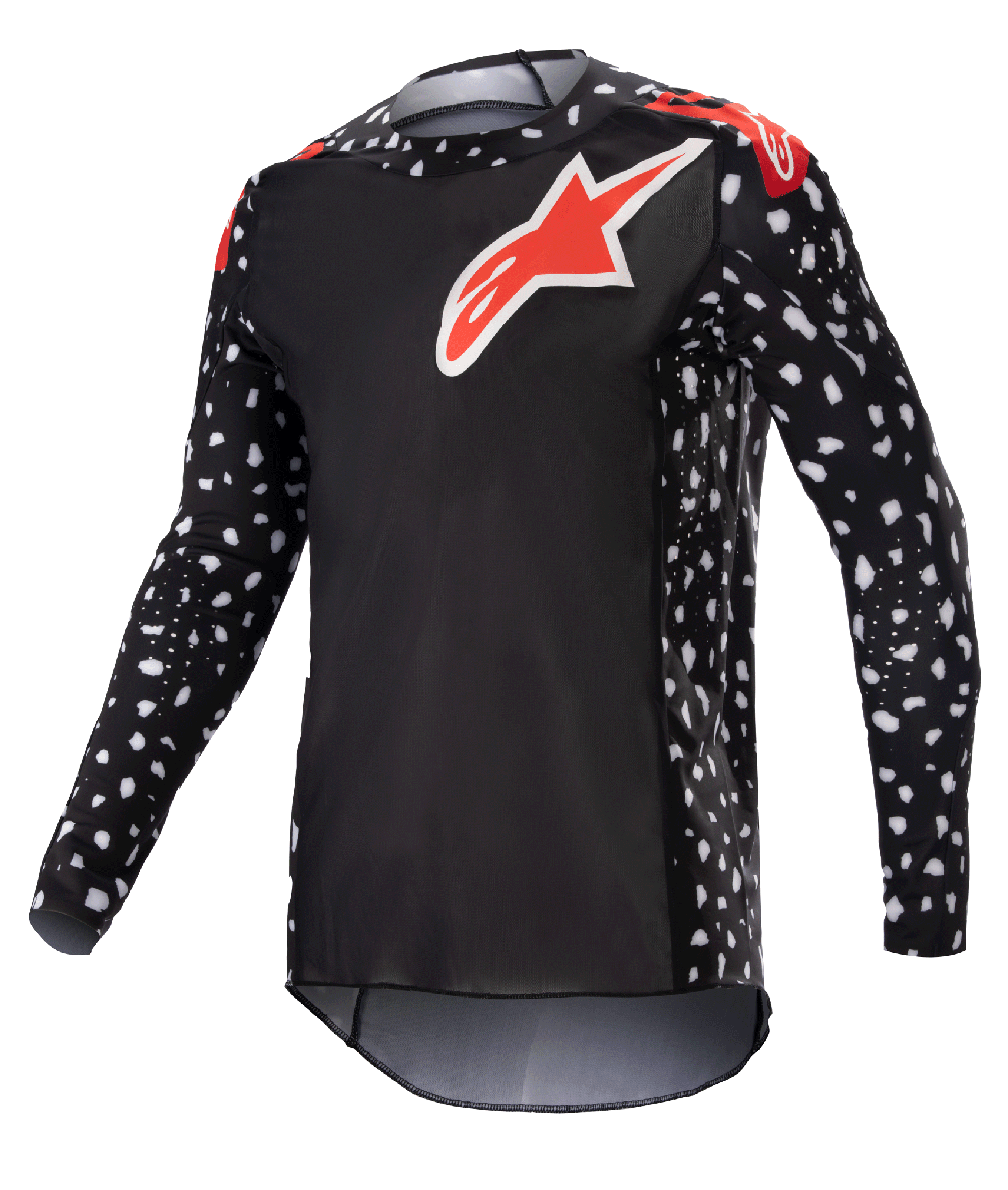 Alpinestars 2023 Supertech North Jersey, motocross-trøje, sort og neonrød, lange ærmer med hvidt plettet mønster, røde og hvide stjernelogoer på bryst og skuldre, letvægts performance-mesh med atletisk race-pasform