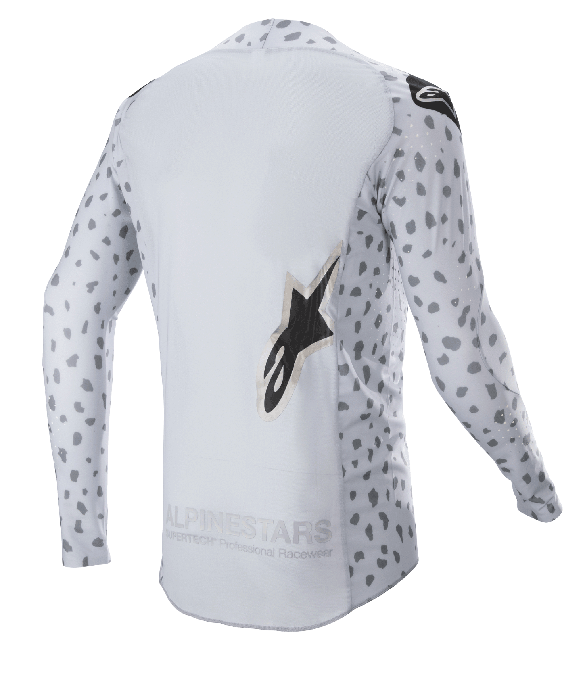 Alpinestars 2023 Supertech North Jersey, motocrosstrøje, Haze Gray og sort, set bagfra med abstrakt plettet mønster på ærmer og sider, stort stjernelogo, forlænget bagpanel og åndbar performance-konstruktion