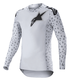 Alpinestars 2023 Supertech North Jersey, Motocross Jersey, Haze Gray and Black, white long-sleeve jersey with gray spotted pattern on sleeves and sides, black star logo on chest and shoulders, performance stretch mesh with curved hem