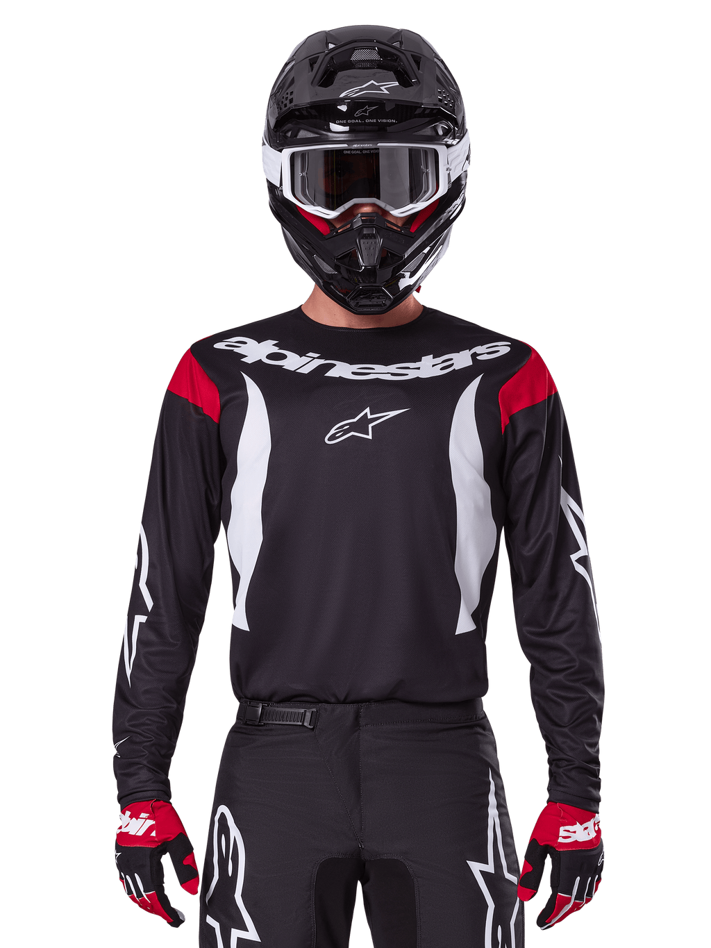 Alpinestars 2025 Fluid Haul trøje og udstyrssæt til mænd, sort og hvid med røde detaljer, teknisk off-road beklædning.
